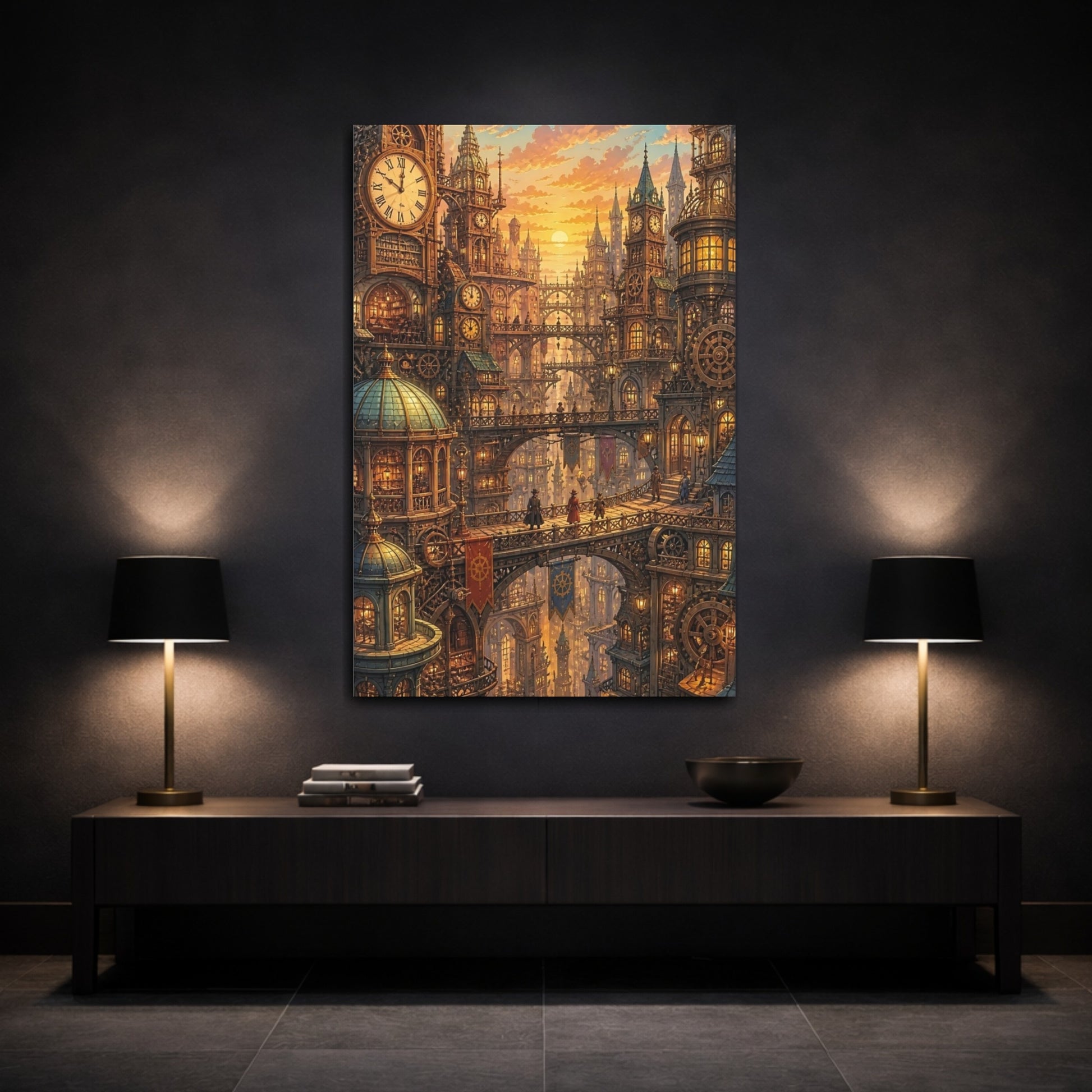 Mockup 3. Clockwork City At Sunset shown as canvas print