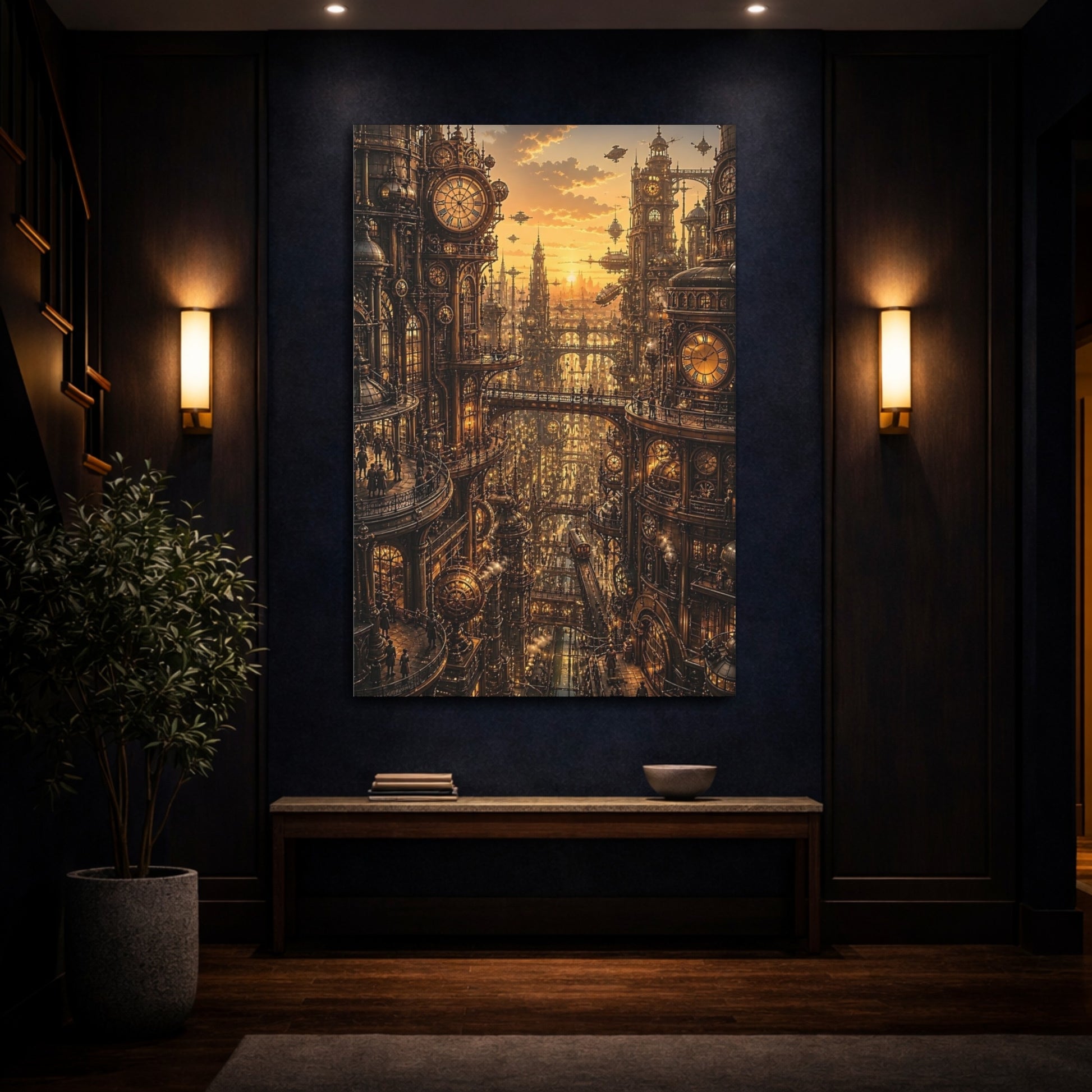 Mockup 4. Clockwork City At Sunset shown as canvas print