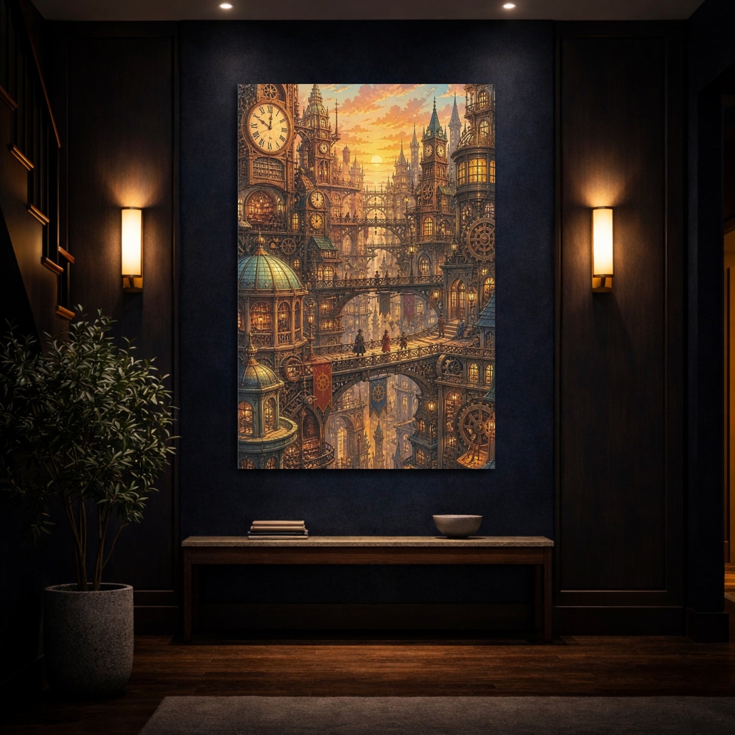 Mockup 4. Clockwork City At Sunset shown as canvas print