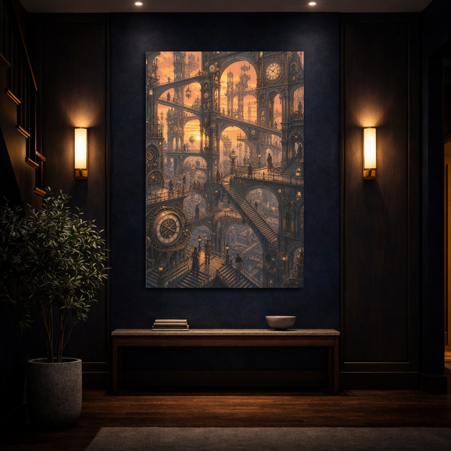 Mockup 4. Clockwork City At Sunset shown as canvas print