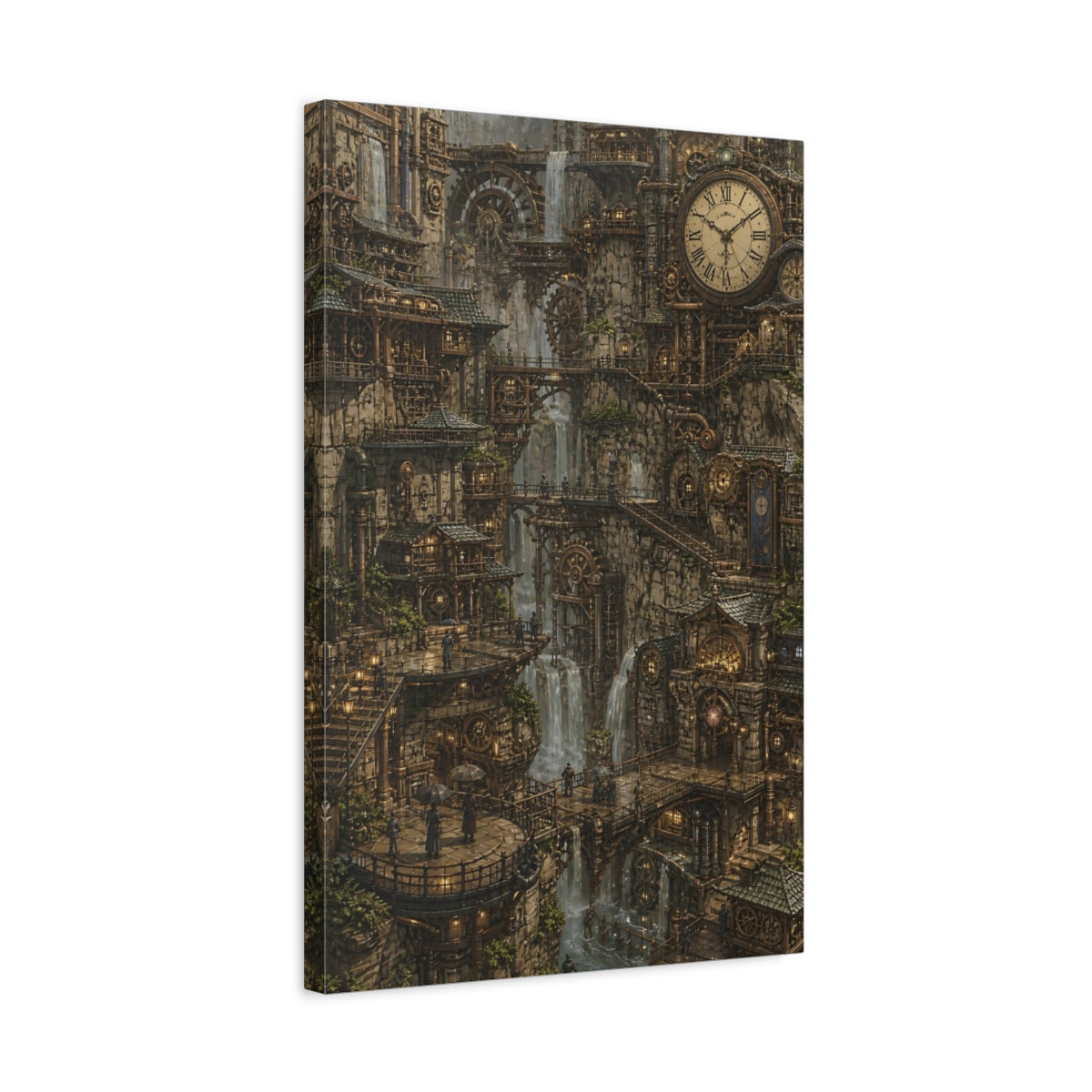 Side Mockup 3. Clockwork Cliff City shown as canvas print