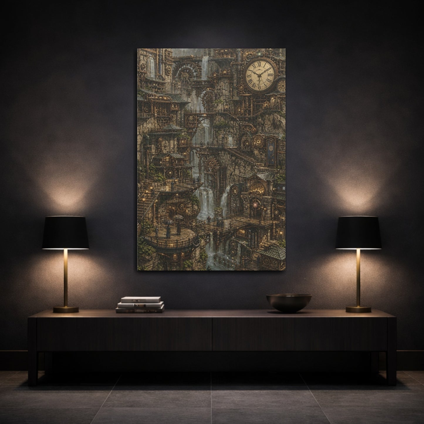Mockup 3. Clockwork Cliff City shown as canvas print