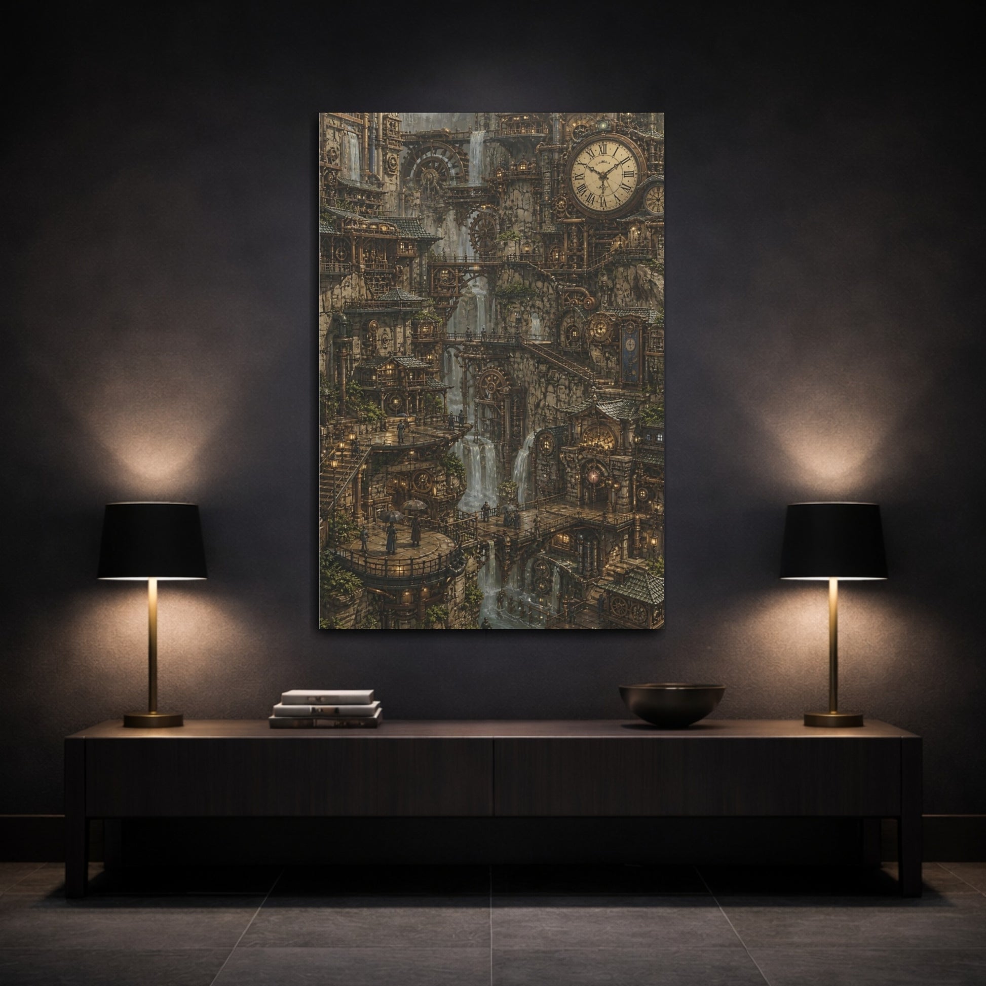 Mockup 3. Clockwork Cliff City shown as canvas print