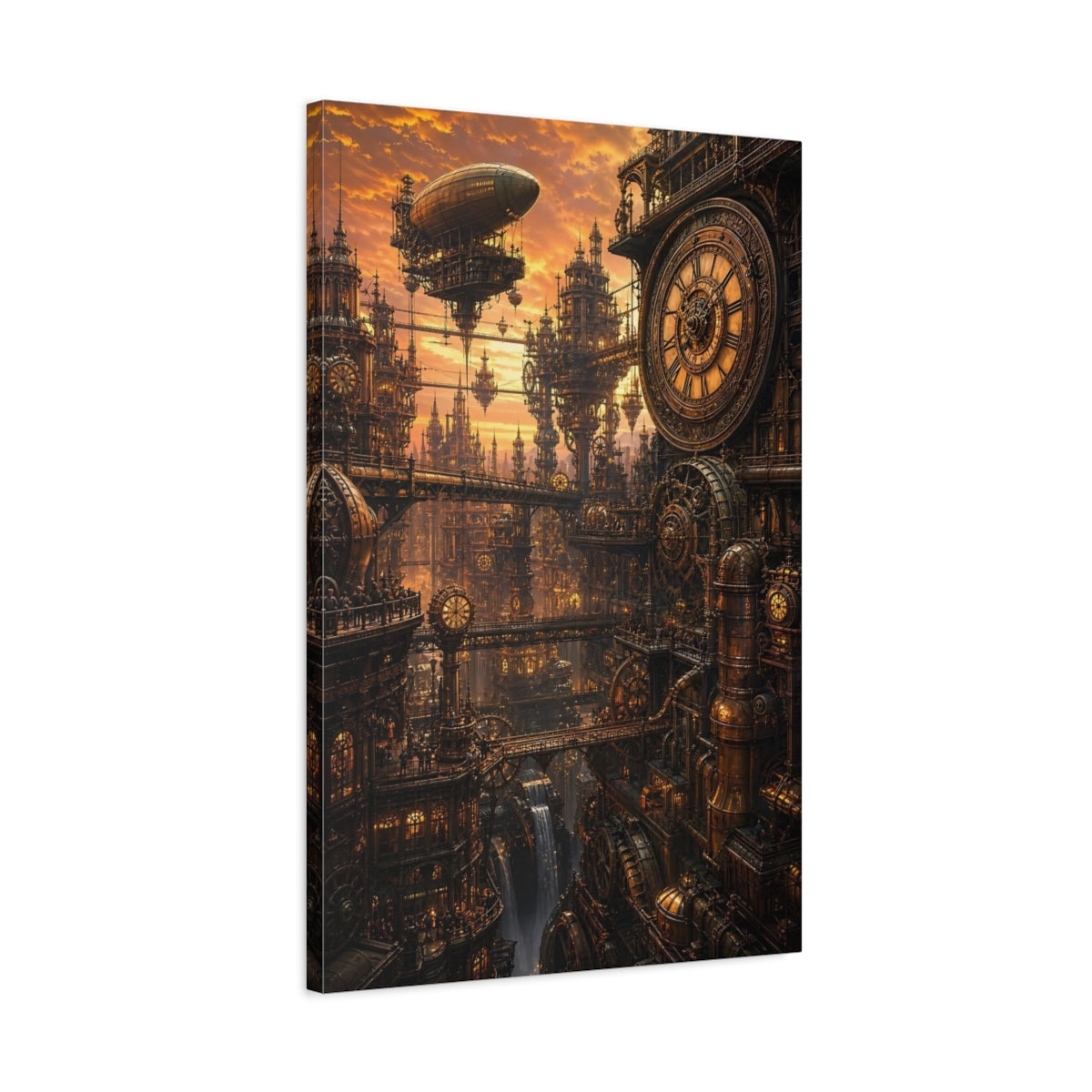 Side Mockup 2. Clockwork Metropolis At Dusk shown as canvas print