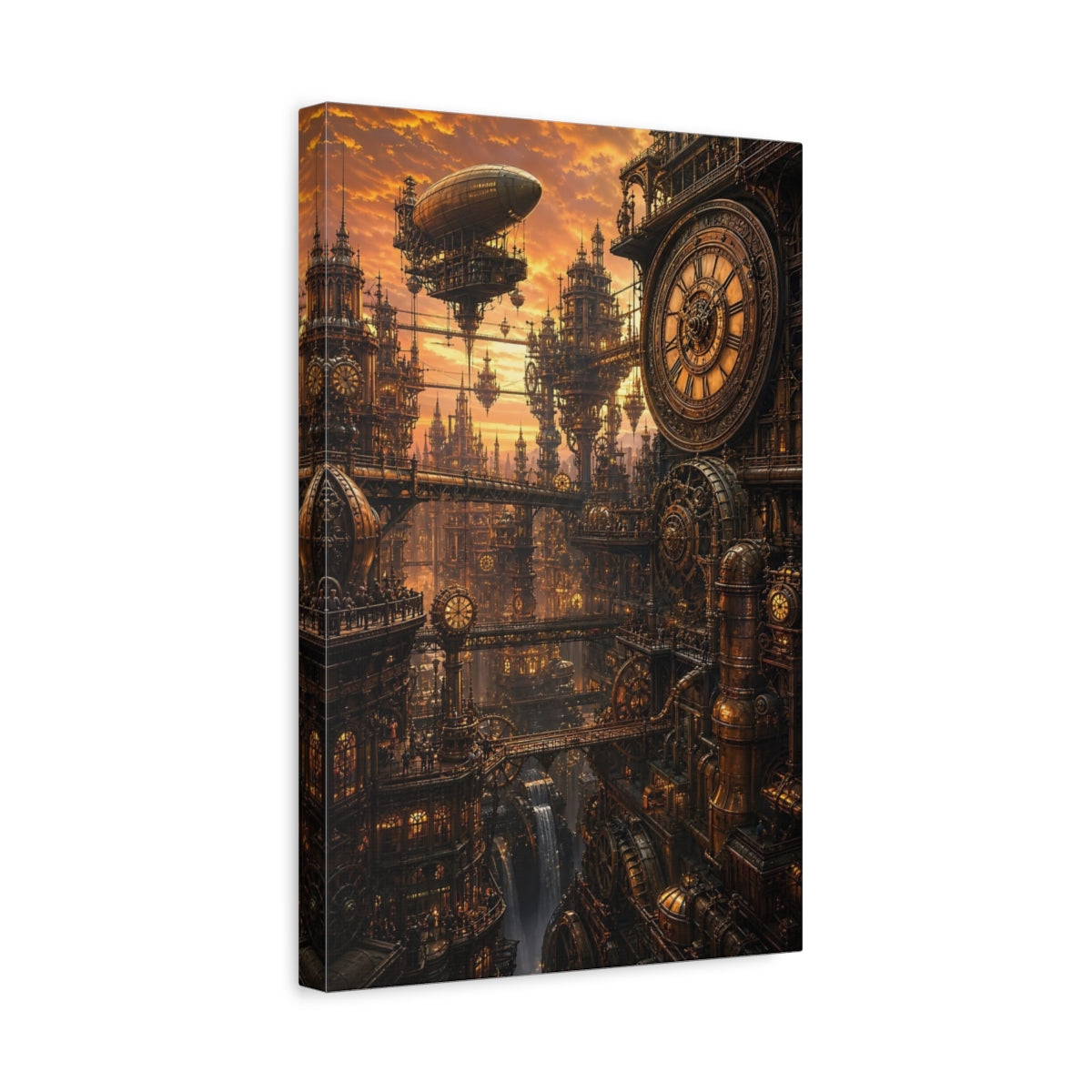 Side Mockup 4. Clockwork Metropolis At Dusk shown as canvas print