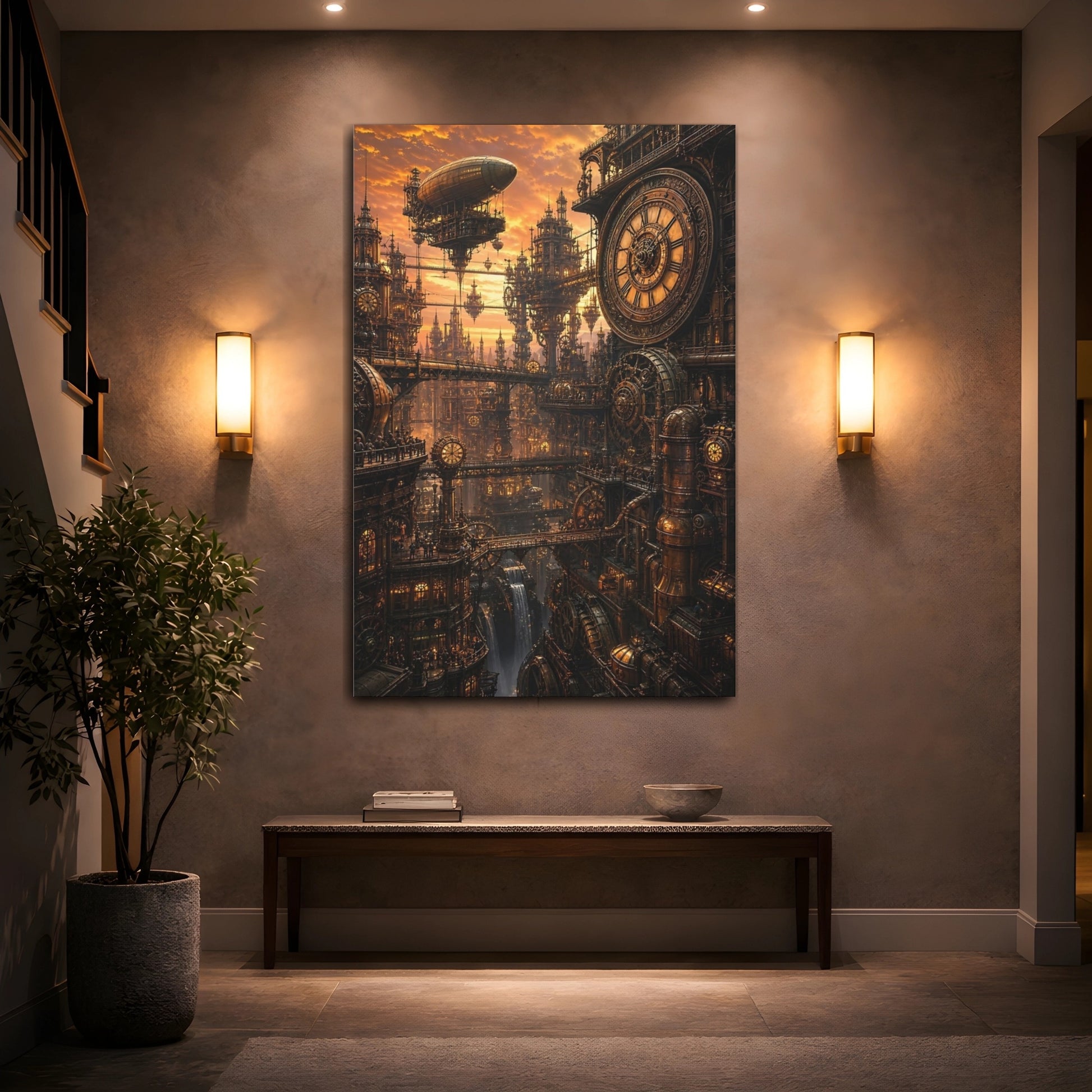 Mockup 2. Clockwork Metropolis At Dusk shown as canvas print