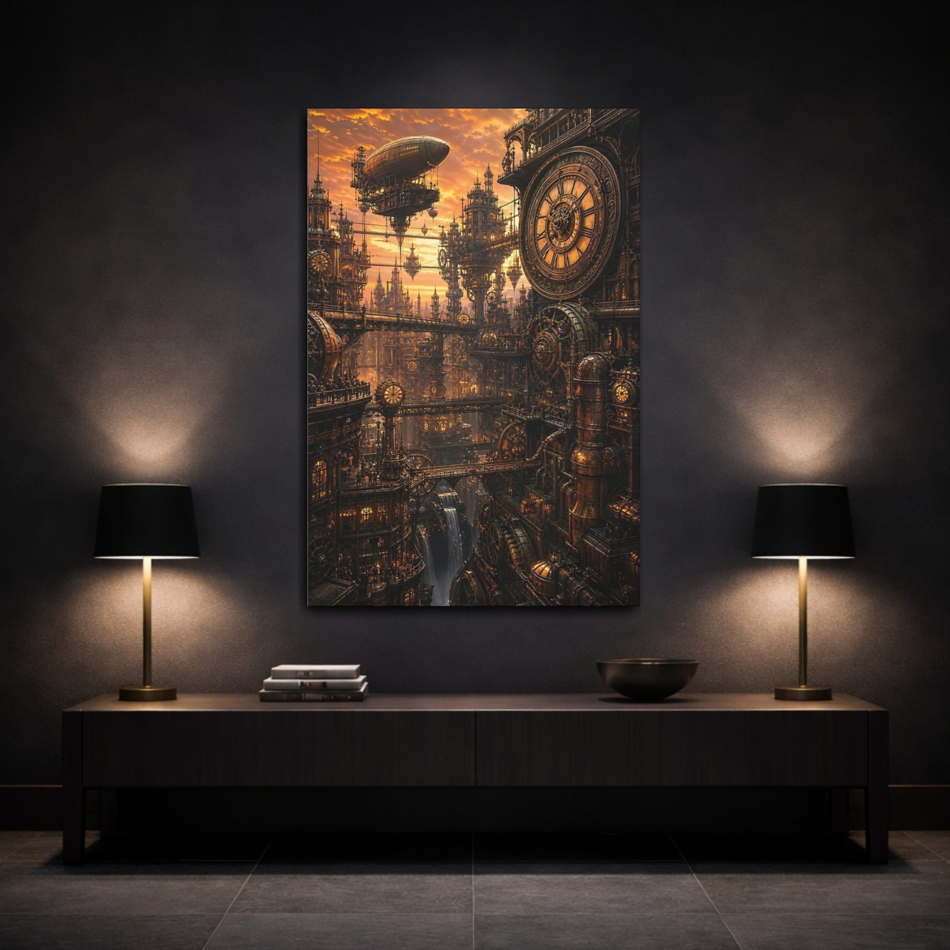 Mockup 3. Clockwork Metropolis At Dusk shown as canvas print