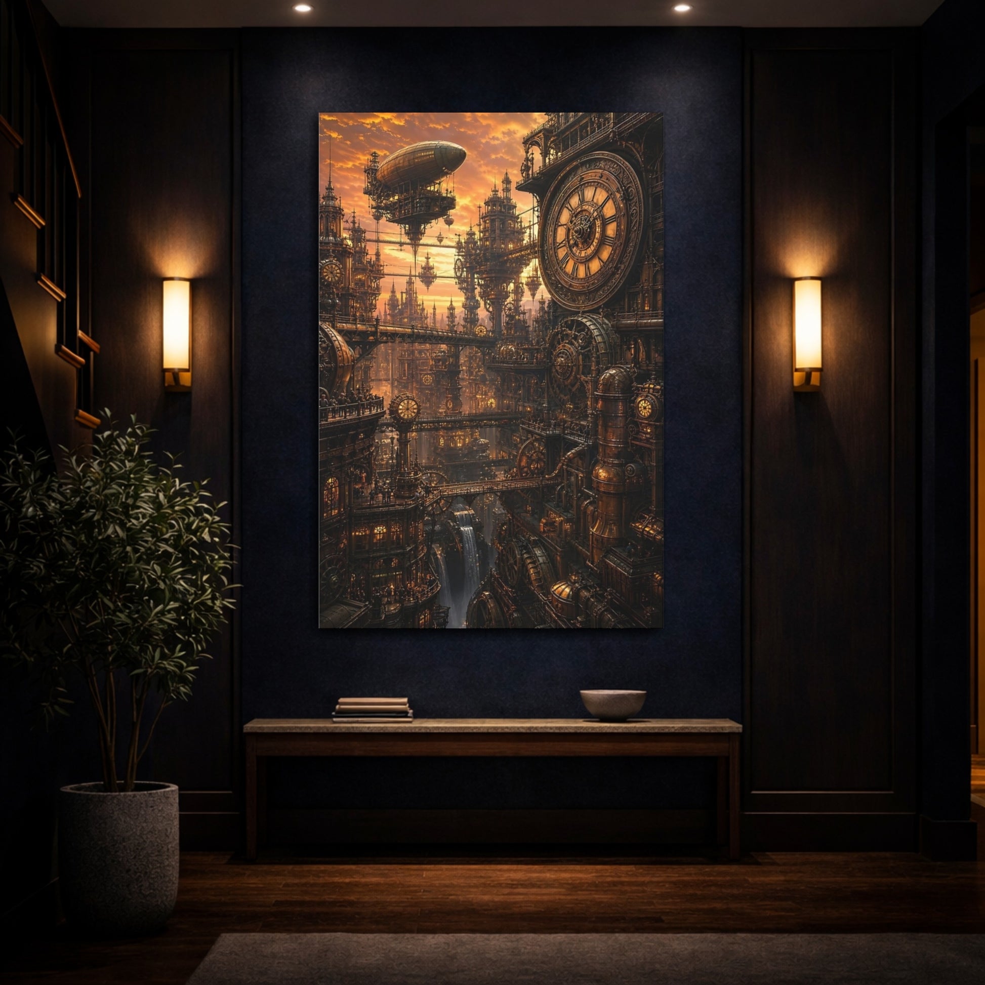 Mockup 4. Clockwork Metropolis At Dusk shown as canvas print