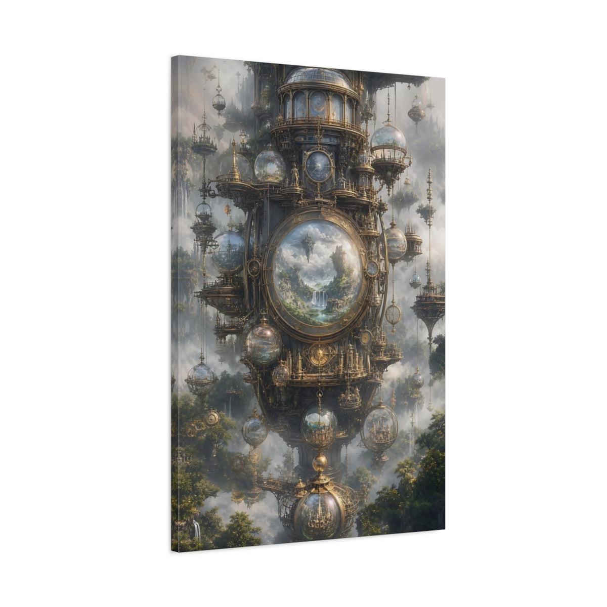 Main Mockup. Clockwork Sky Citadel shown as canvas print