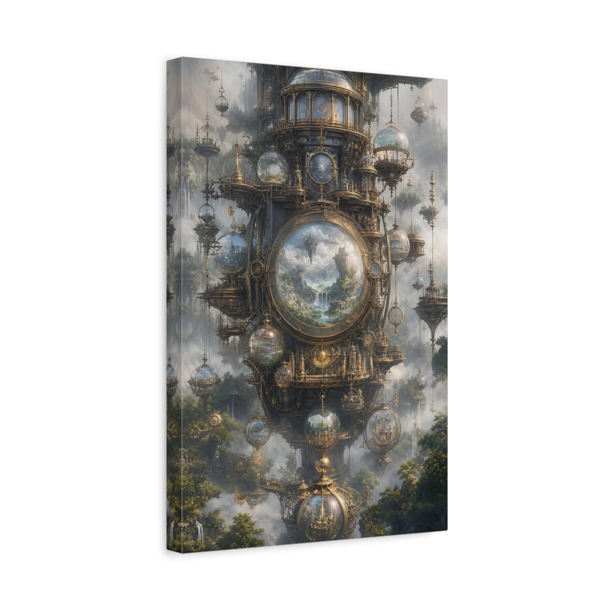 Side Mockup 4. Clockwork Sky Citadel shown as canvas print