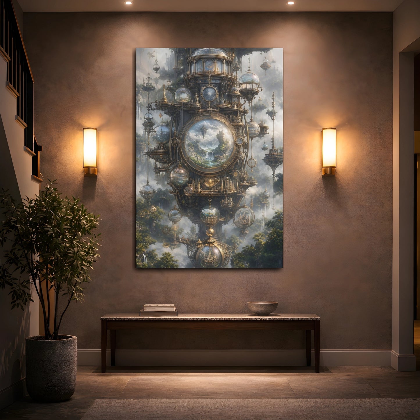 Mockup 2. Clockwork Sky Citadel shown as canvas print
