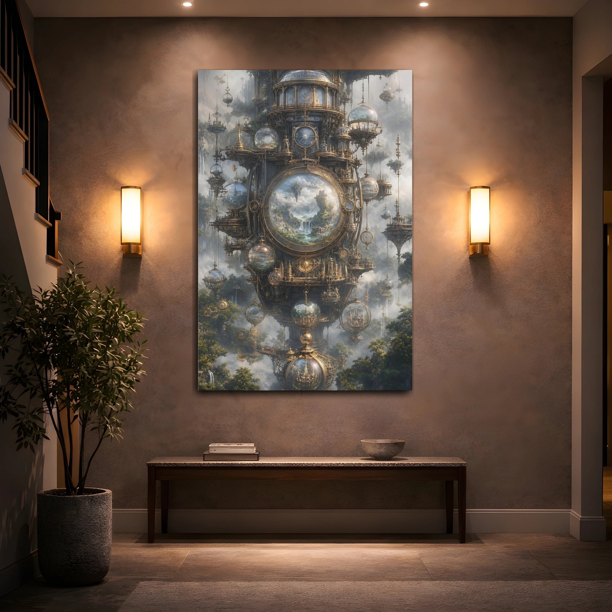 Mockup 2. Clockwork Sky Citadel shown as canvas print