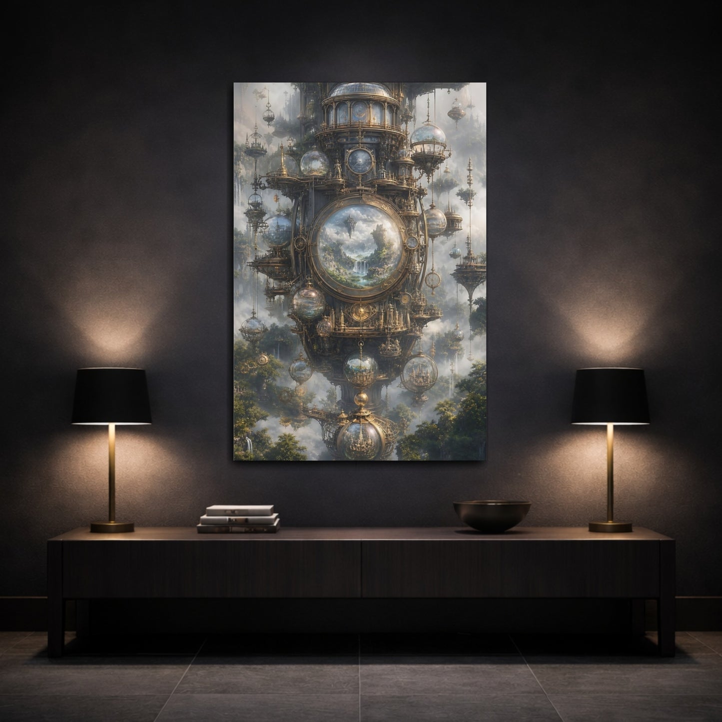 Mockup 3. Clockwork Sky Citadel shown as canvas print