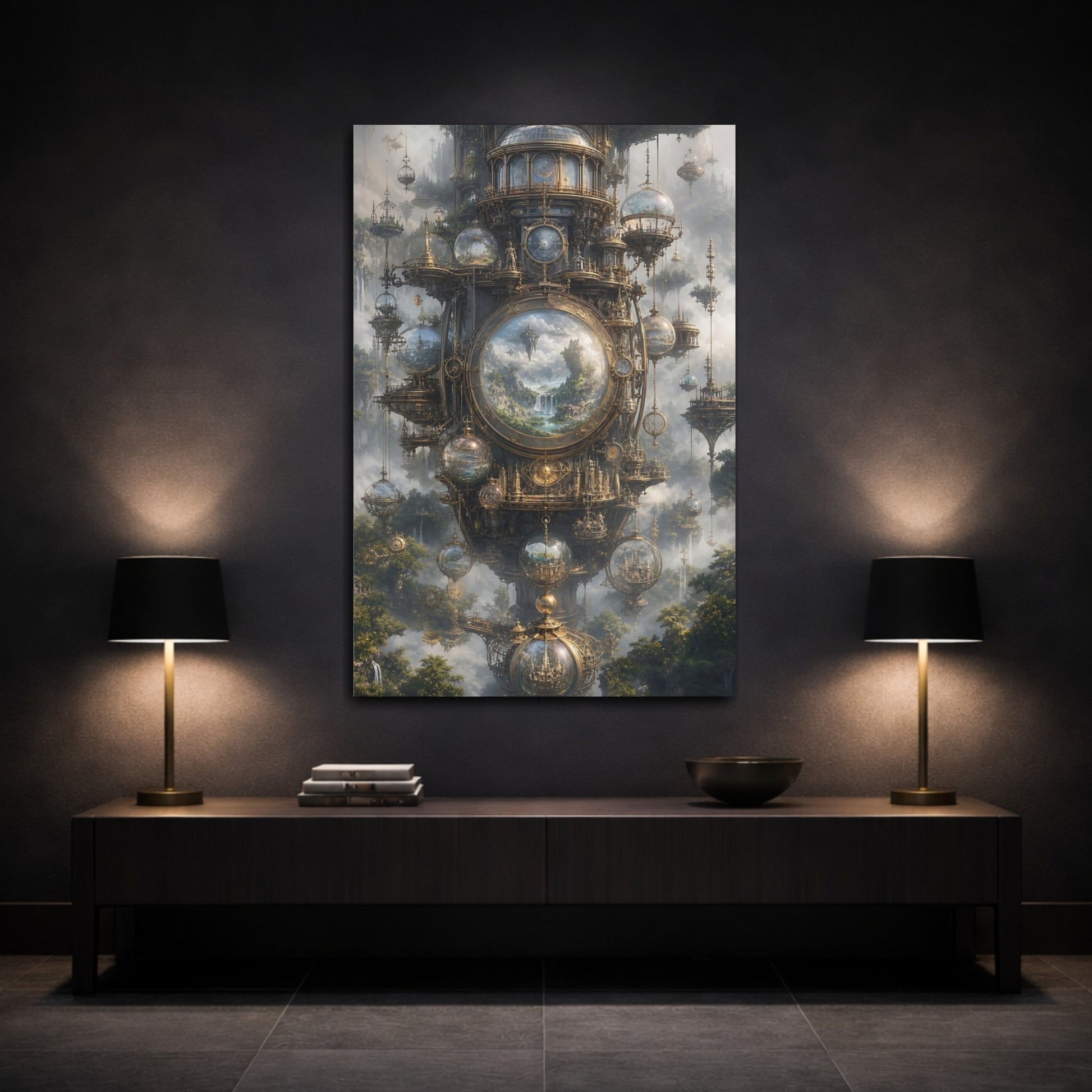 Mockup 3. Clockwork Sky Citadel shown as canvas print