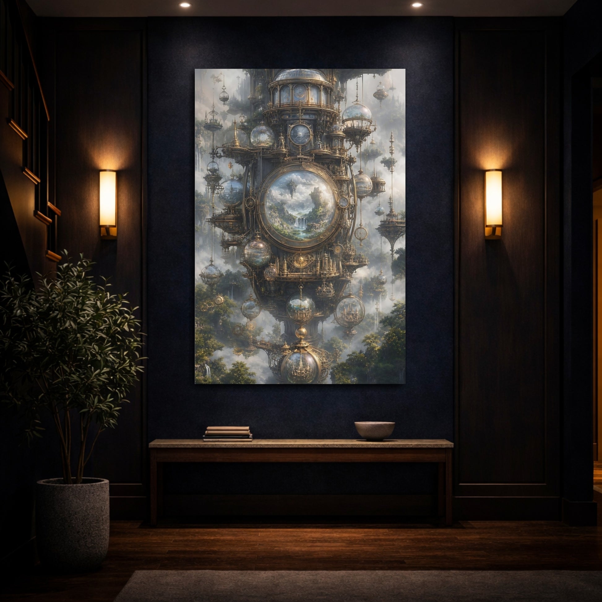 Mockup 4. Clockwork Sky Citadel shown as canvas print