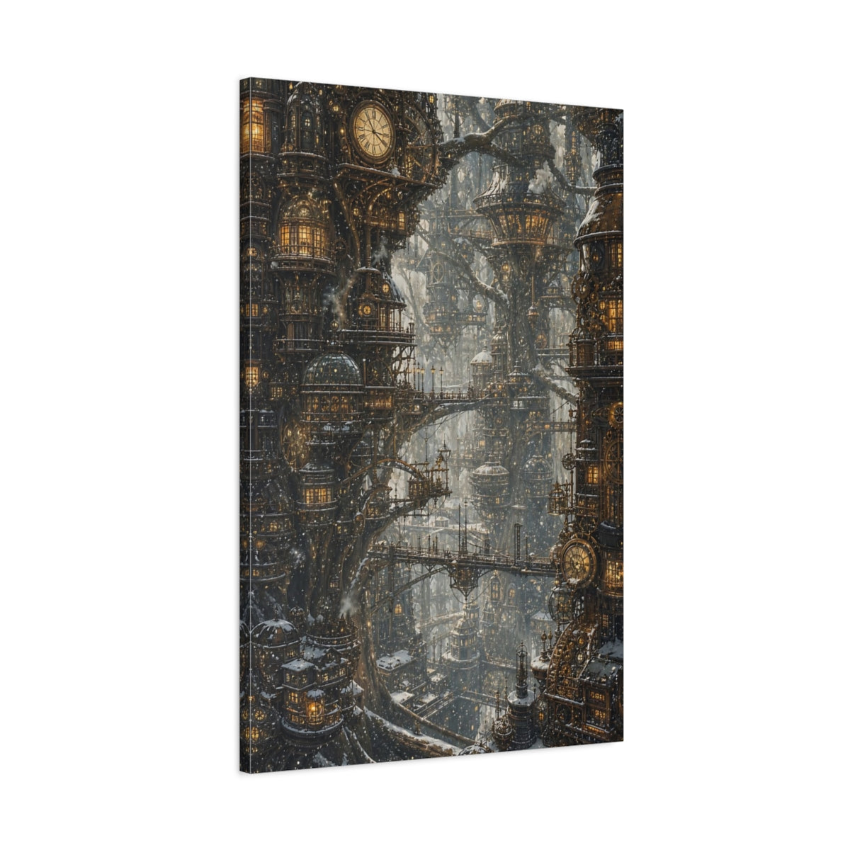 Main Mockup. Clockwork Tree City shown as canvas print