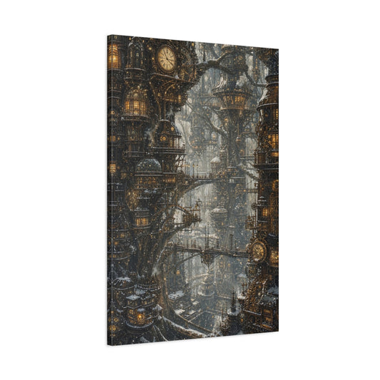 Main Mockup. Clockwork Tree City shown as canvas print