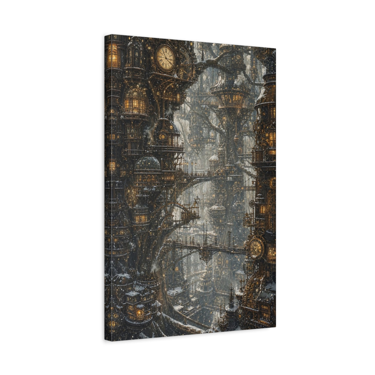 Side Mockup 3. Clockwork Tree City shown as canvas print