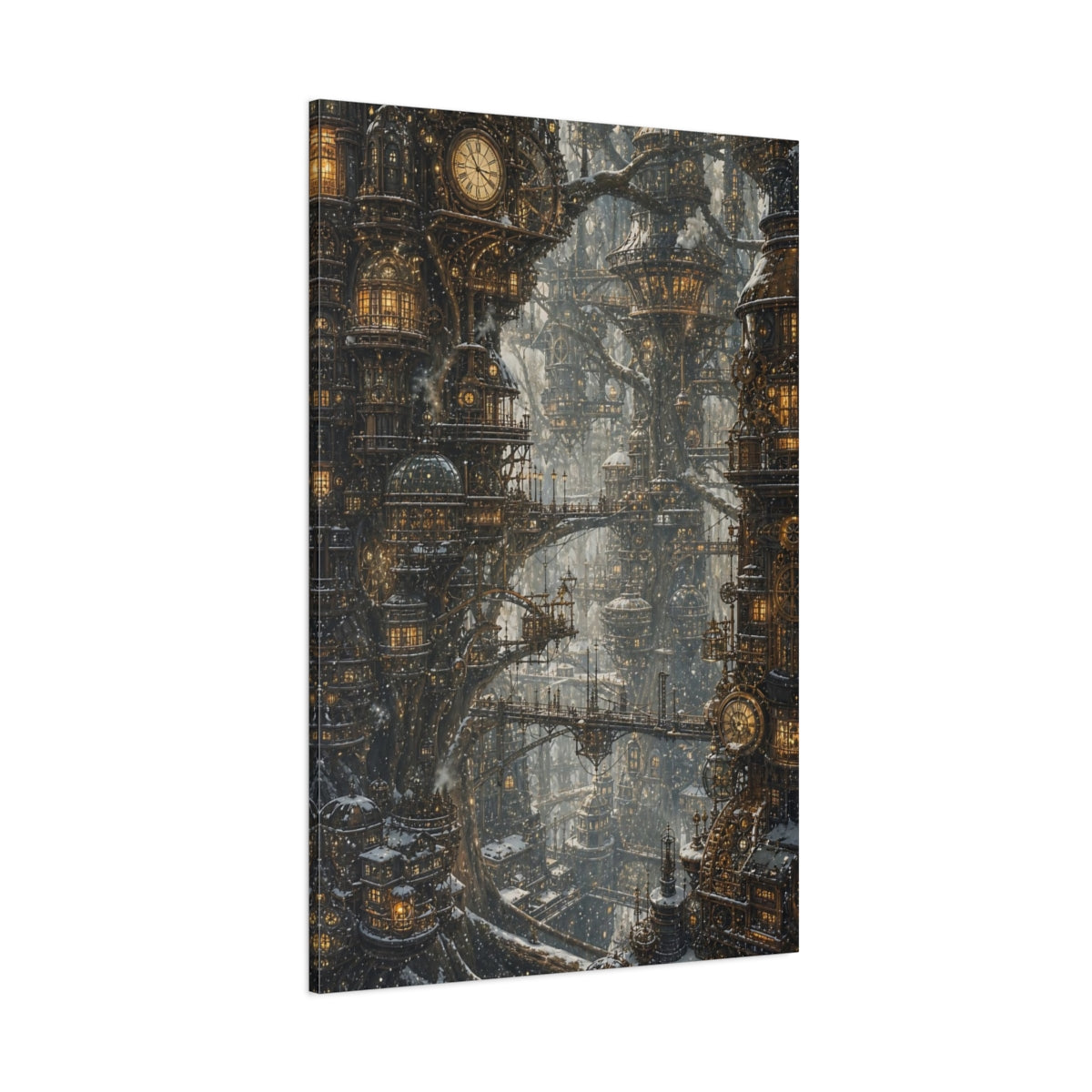 Side Mockup 1. Clockwork Tree City shown as canvas print