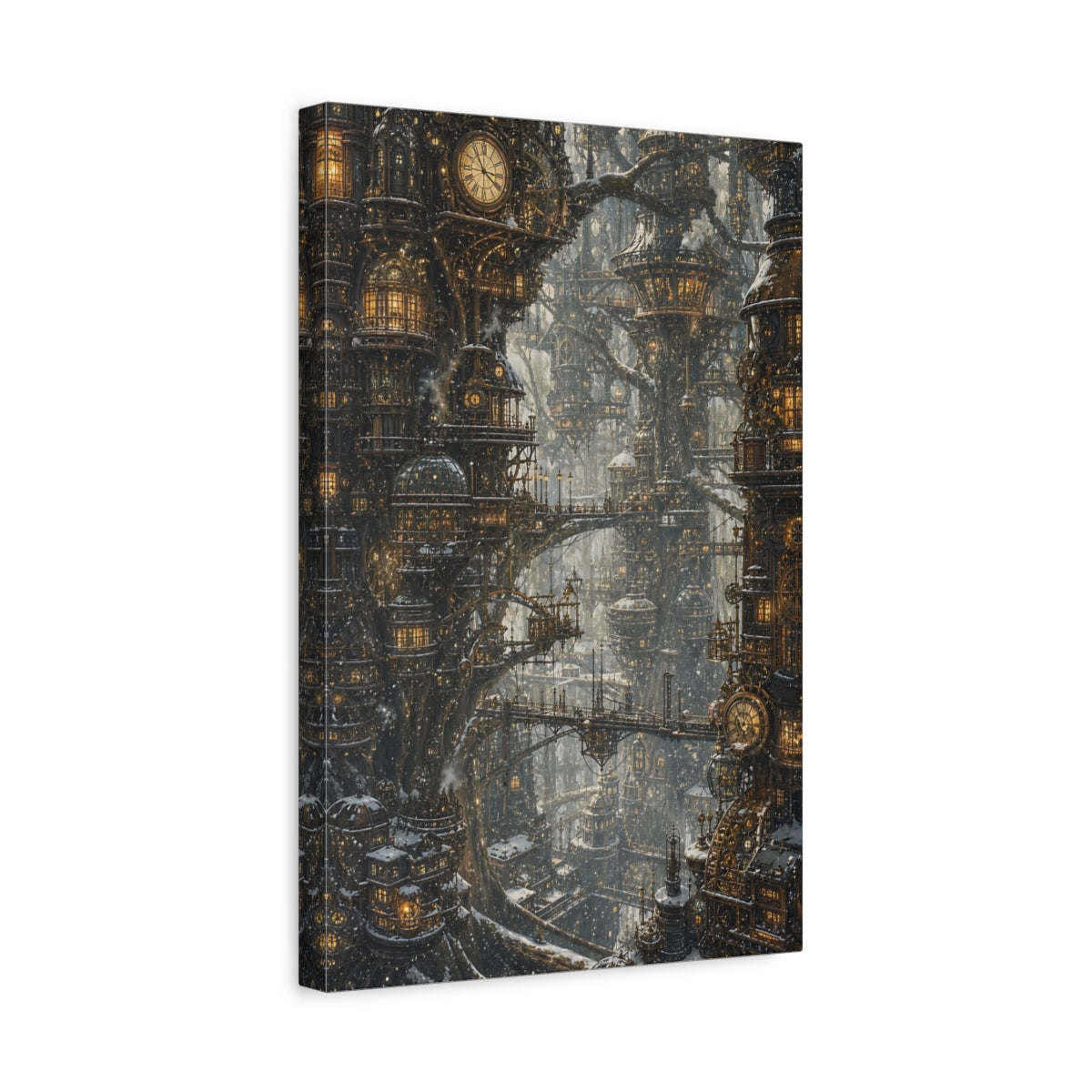 Side Mockup 4. Clockwork Tree City shown as canvas print