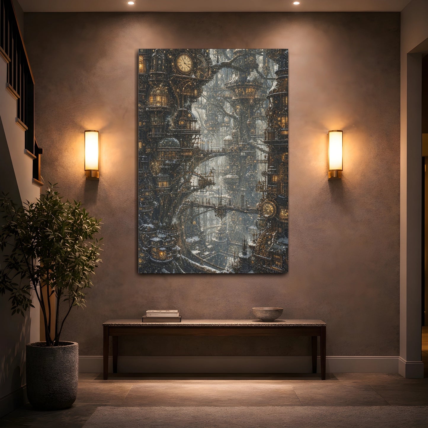 Mockup 2. Clockwork Tree City shown as canvas print