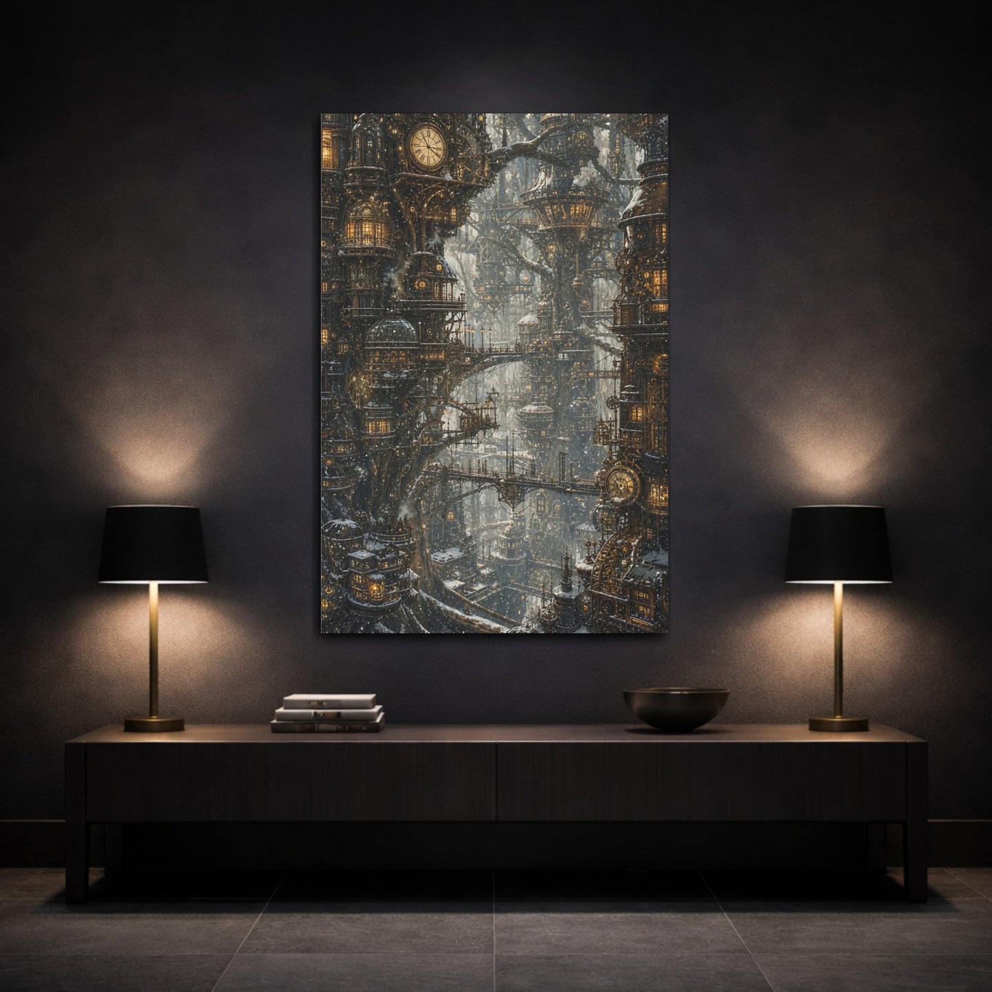 Mockup 3. Clockwork Tree City shown as canvas print