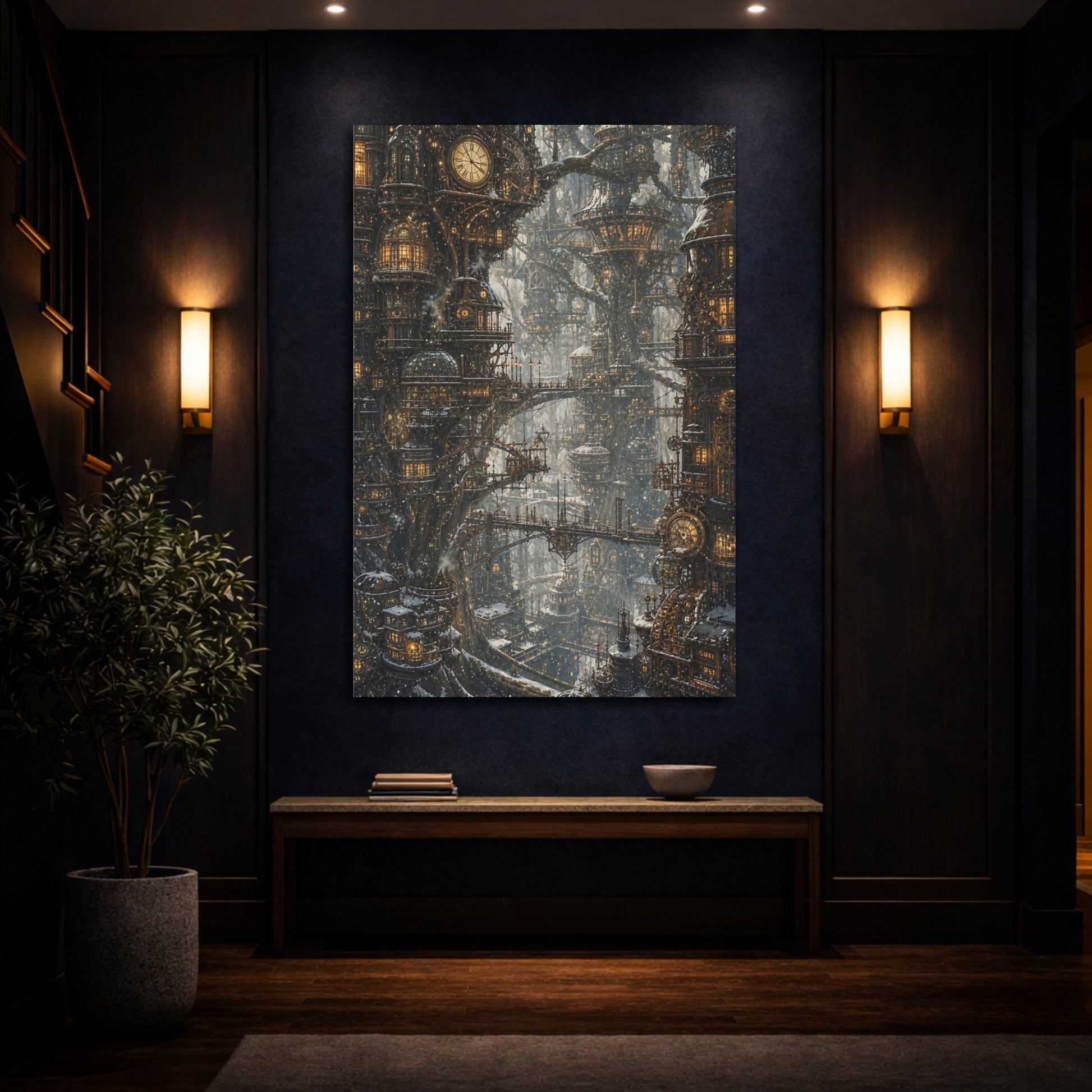 Mockup 4. Clockwork Tree City shown as canvas print