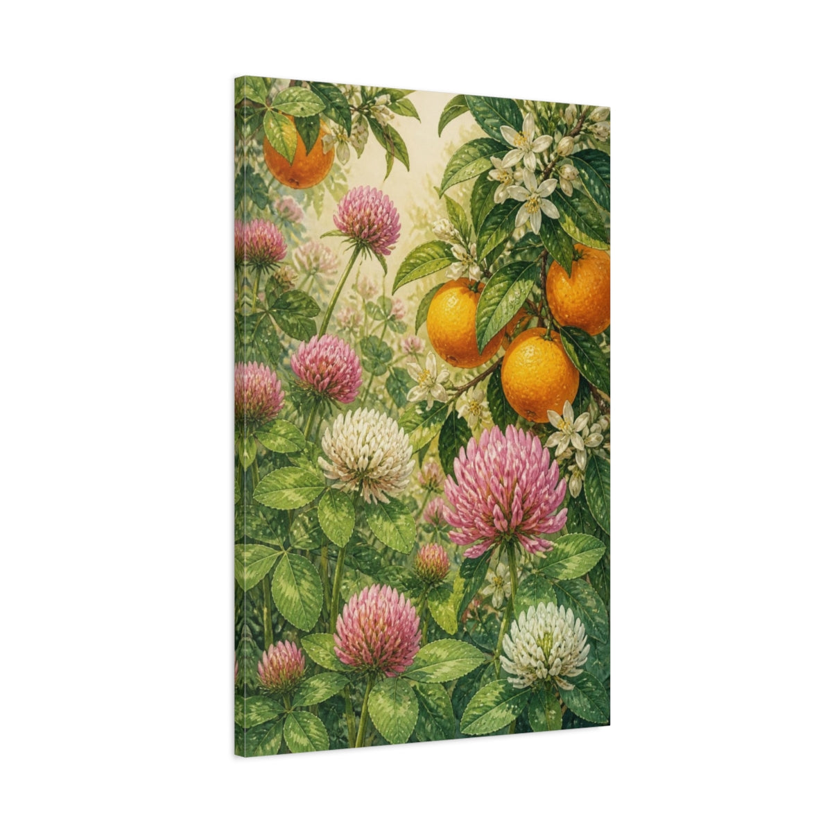 Main Mockup. Clover Flowers & Oranges shown as canvas print