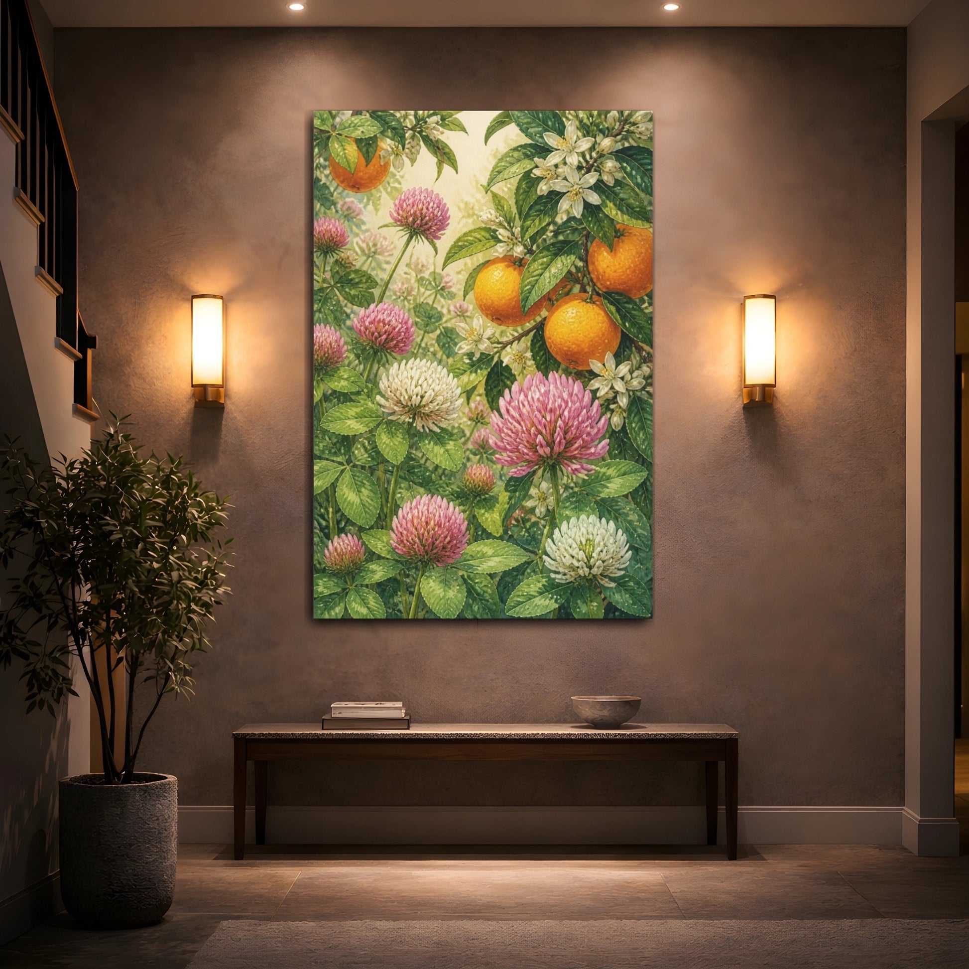 Mockup 2. Clover Flowers & Oranges shown as canvas print