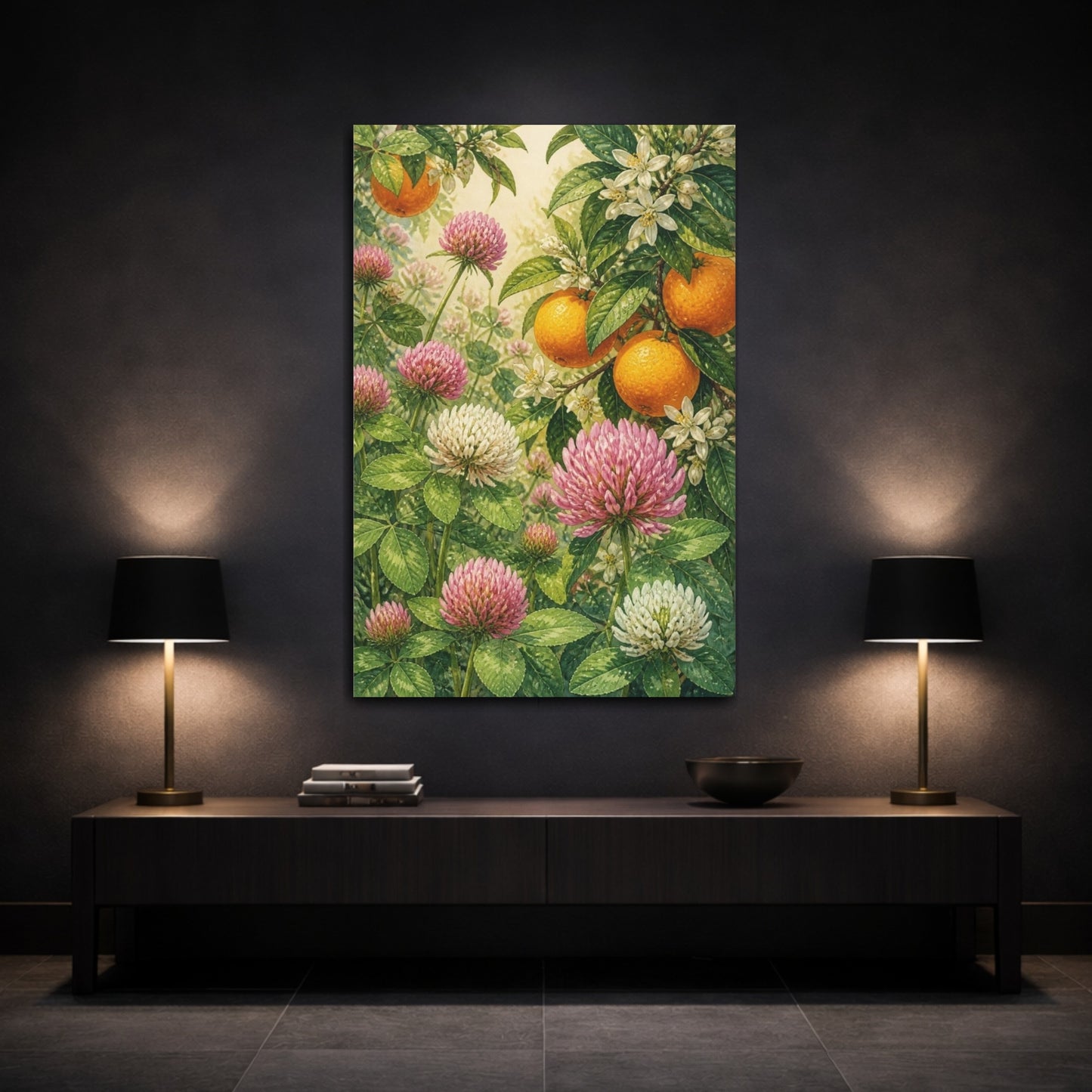 Mockup 3. Clover Flowers & Oranges shown as canvas print