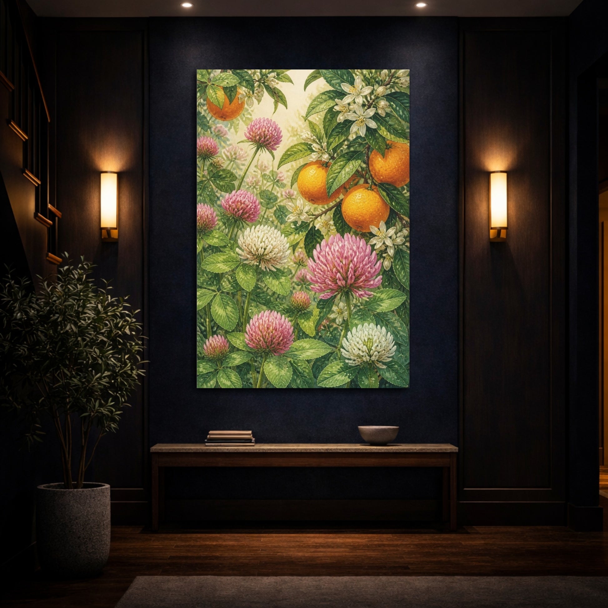 Mockup 4. Clover Flowers & Oranges shown as canvas print