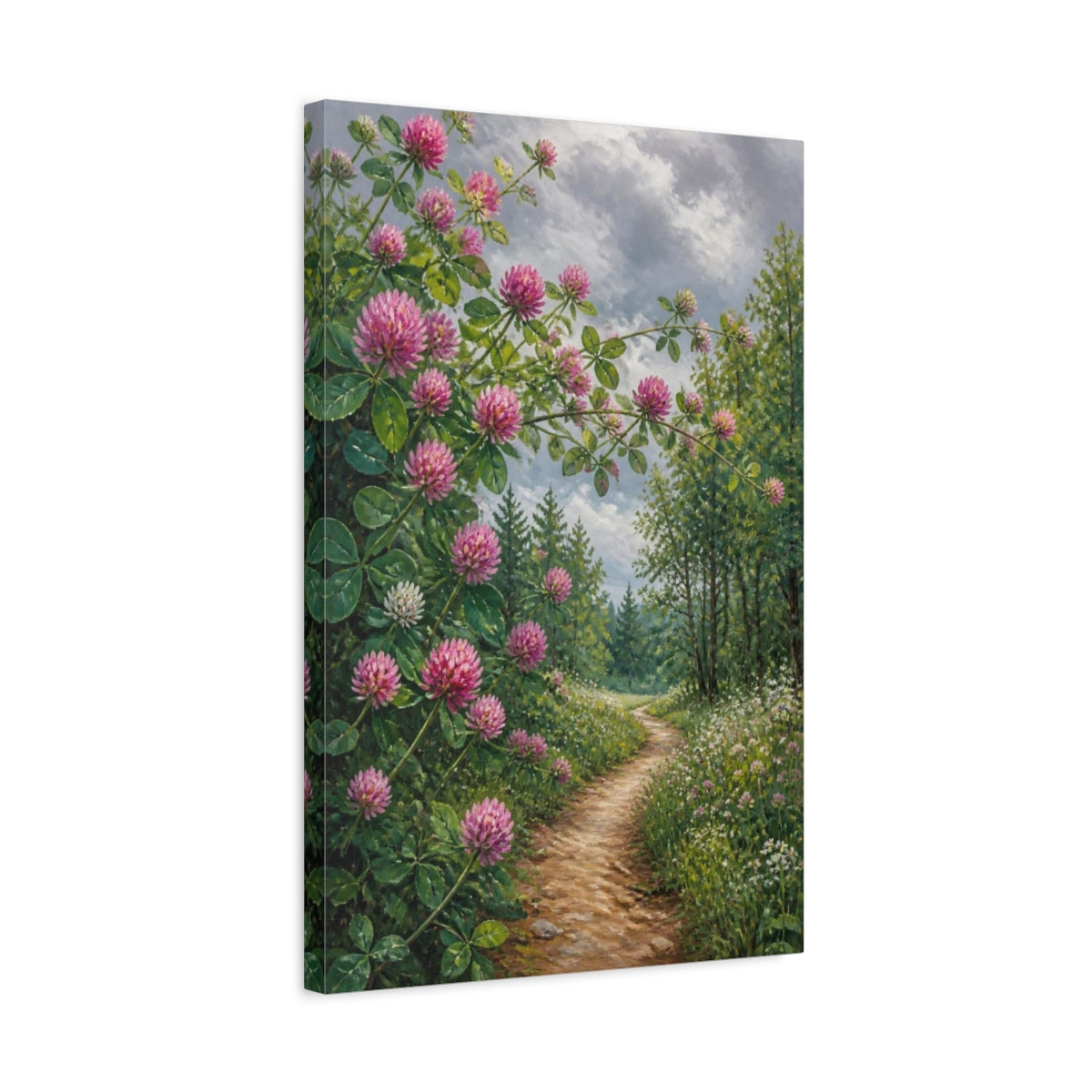 Side Mockup 3. Clover Flowers Along Path shown as canvas print