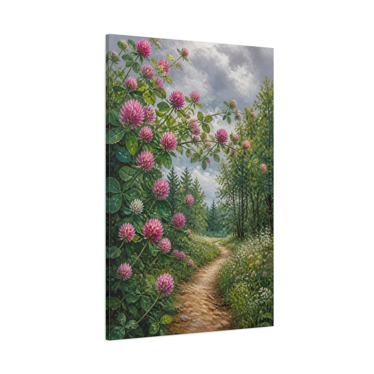 Side Mockup 1. Clover Flowers Along Path shown as canvas print
