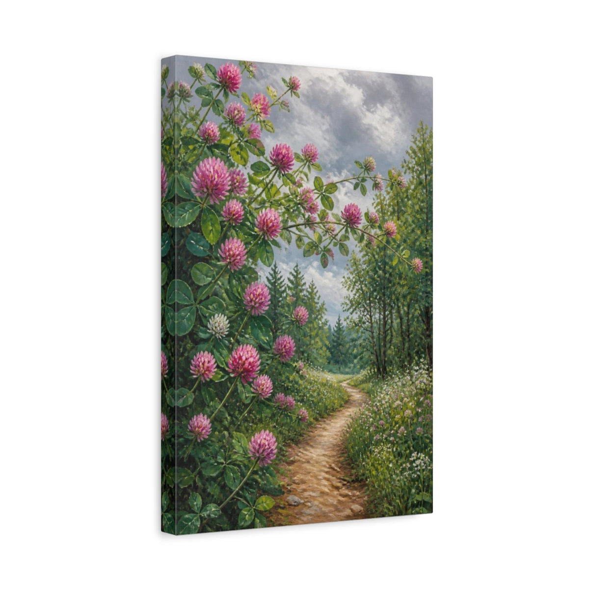 Side Mockup 4. Clover Flowers Along Path shown as canvas print