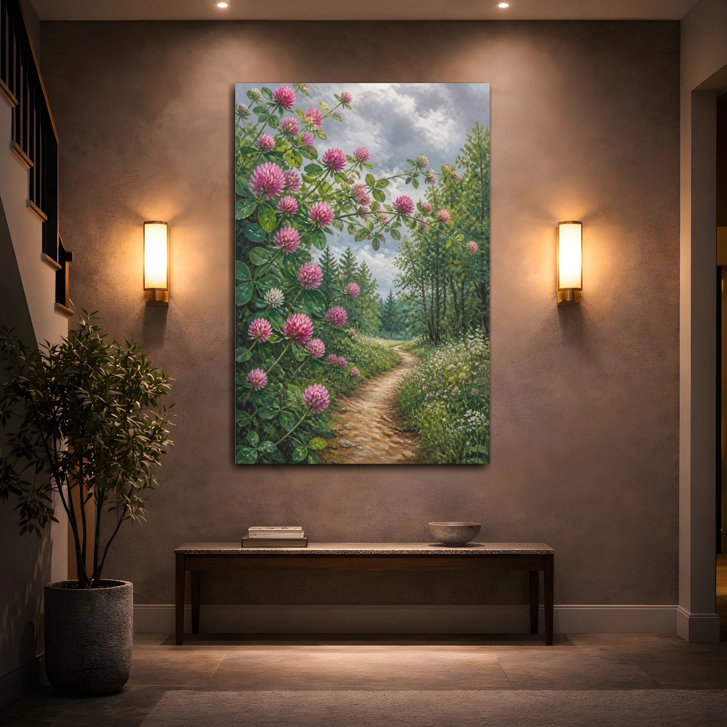 Mockup 2. Clover Flowers Along Path shown as canvas print