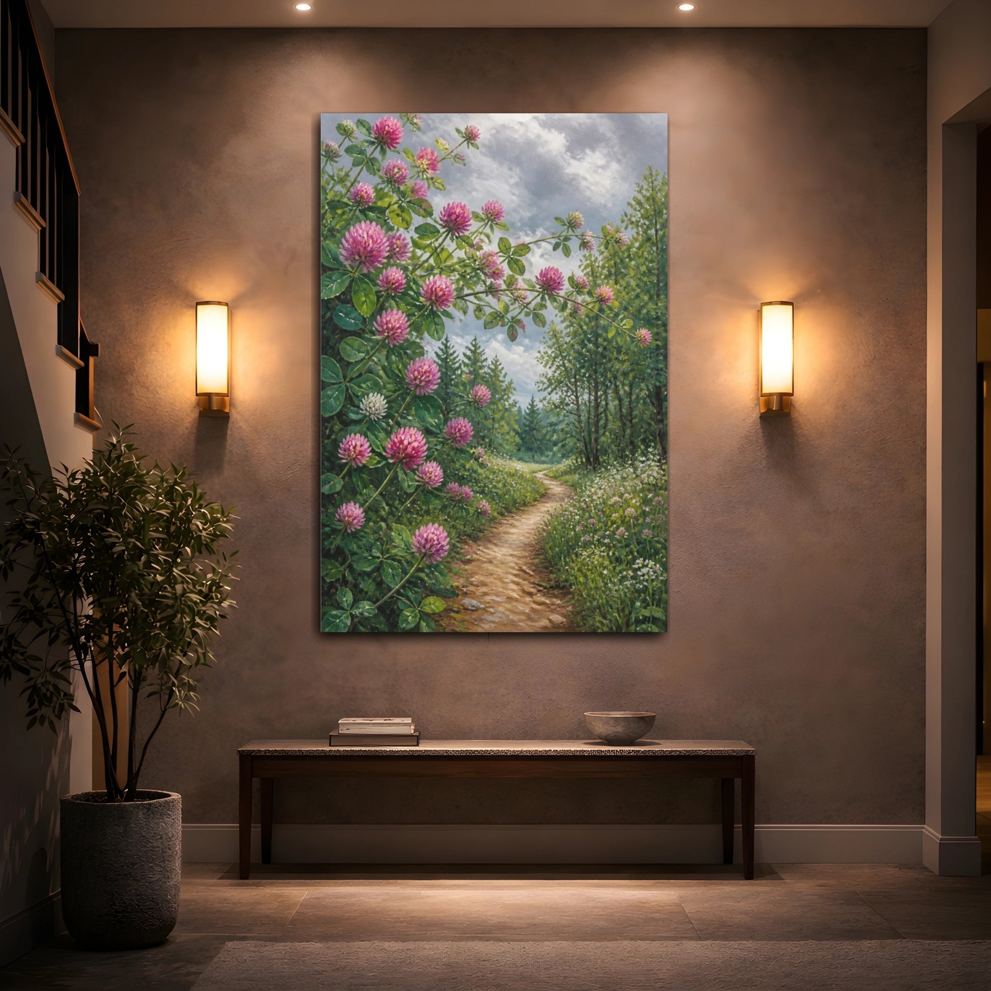 Mockup 2. Clover Flowers Along Path shown as canvas print