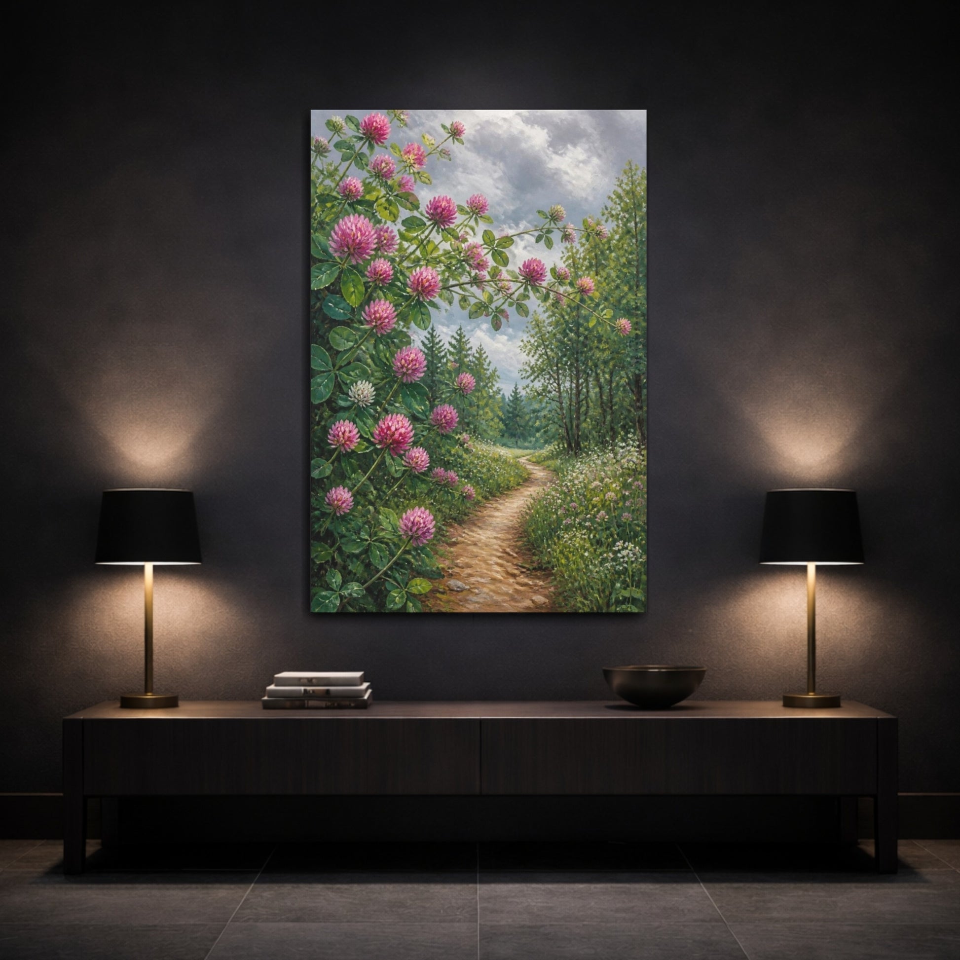 Mockup 3. Clover Flowers Along Path shown as canvas print