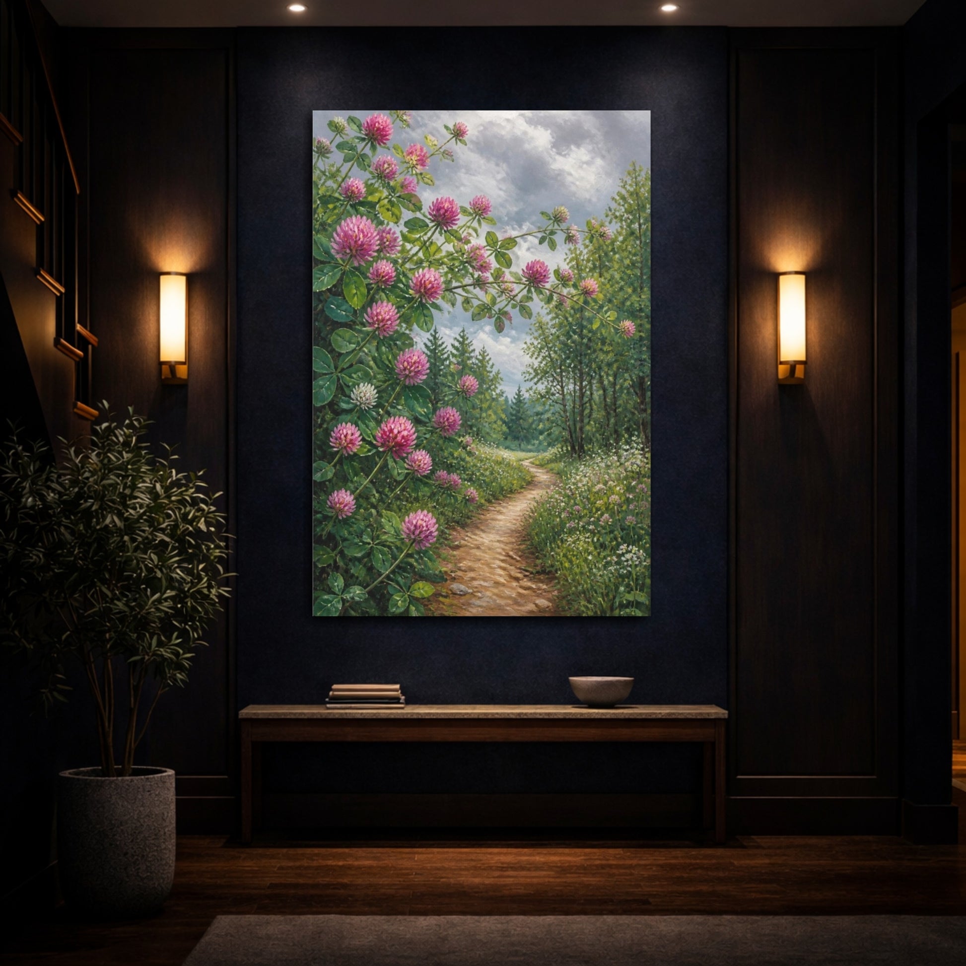 Mockup 4. Clover Flowers Along Path shown as canvas print