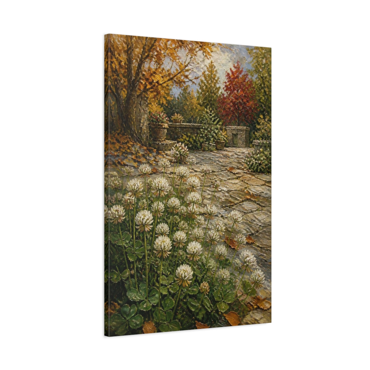 Main Mockup. Clover Flowers In Courtyard shown as canvas print