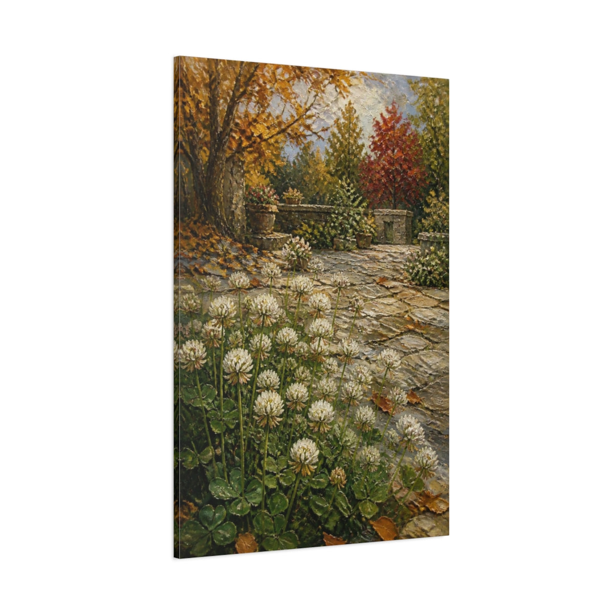 Side Mockup 1. Clover Flowers In Courtyard shown as canvas print