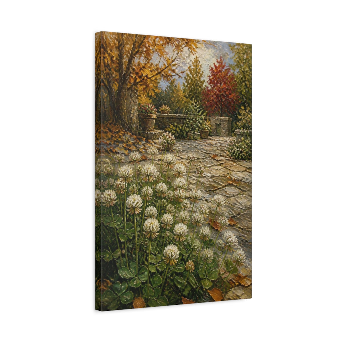 Side Mockup 3. Clover Flowers In Courtyard shown as canvas print