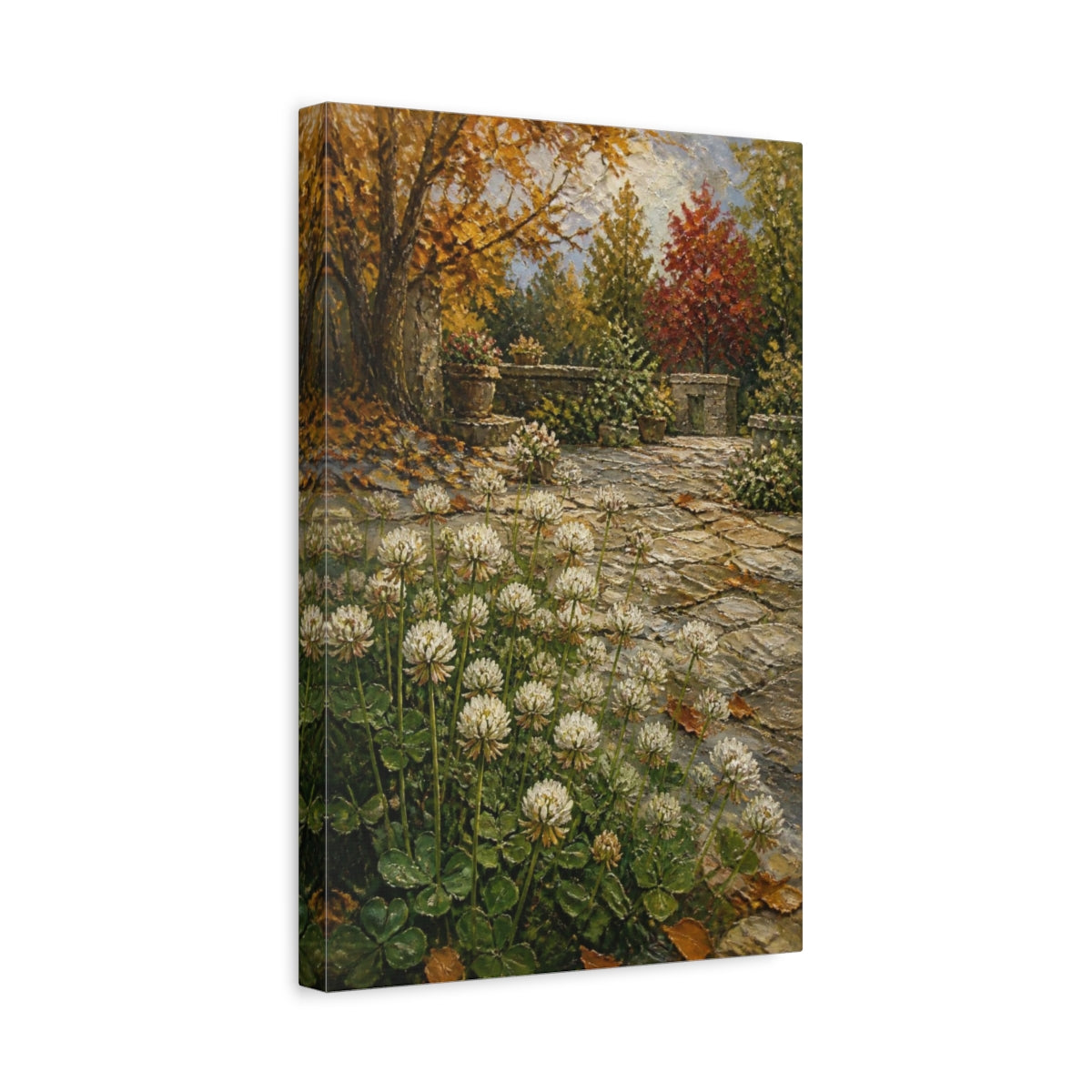Side Mockup 4. Clover Flowers In Courtyard shown as canvas print