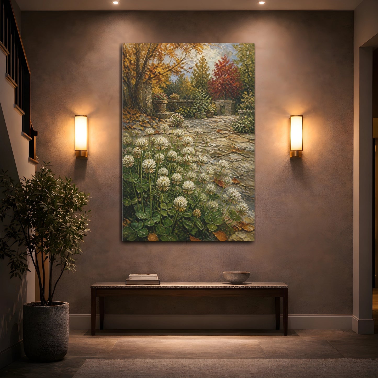Mockup 2. Clover Flowers In Courtyard shown as canvas print