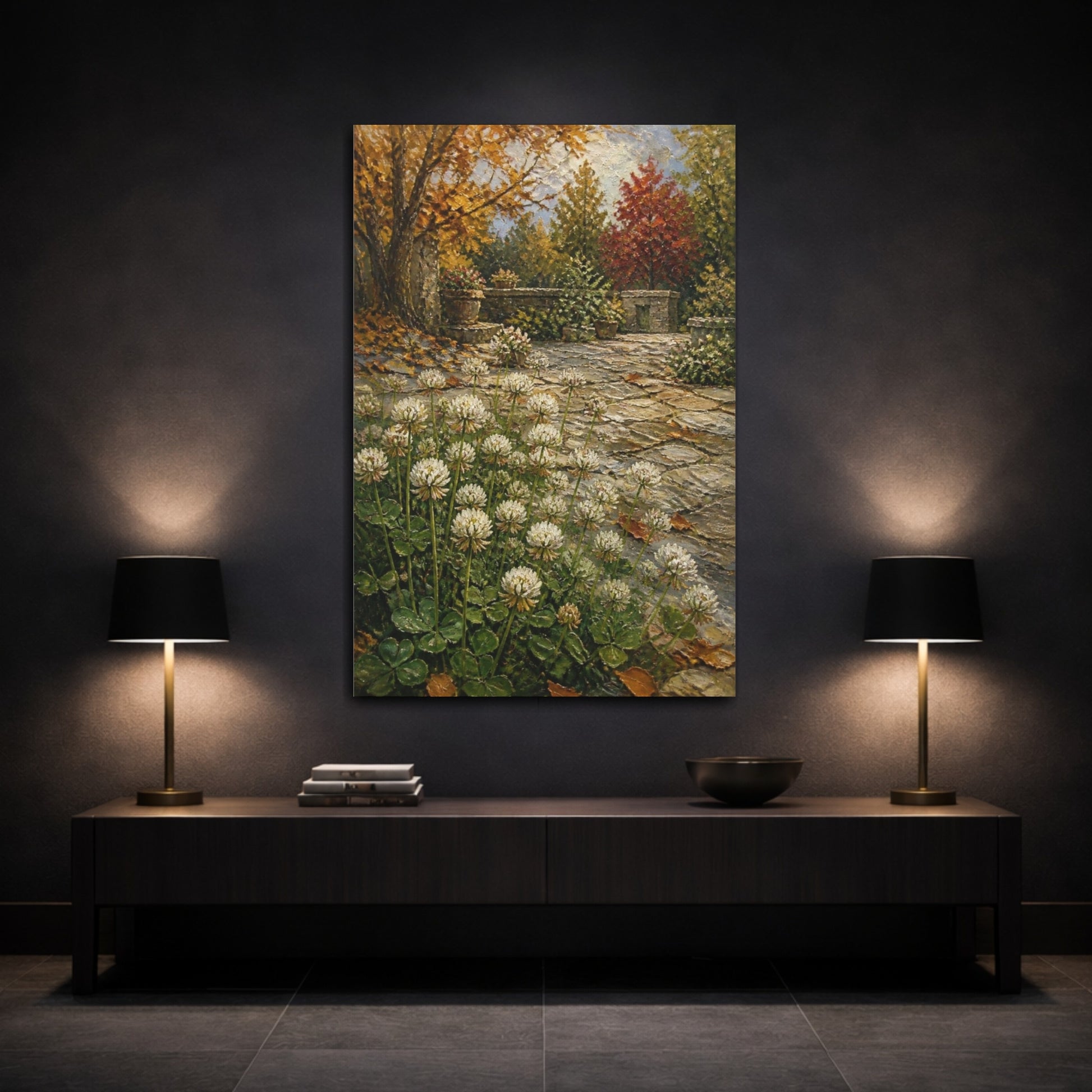 Mockup 3. Clover Flowers In Courtyard shown as canvas print