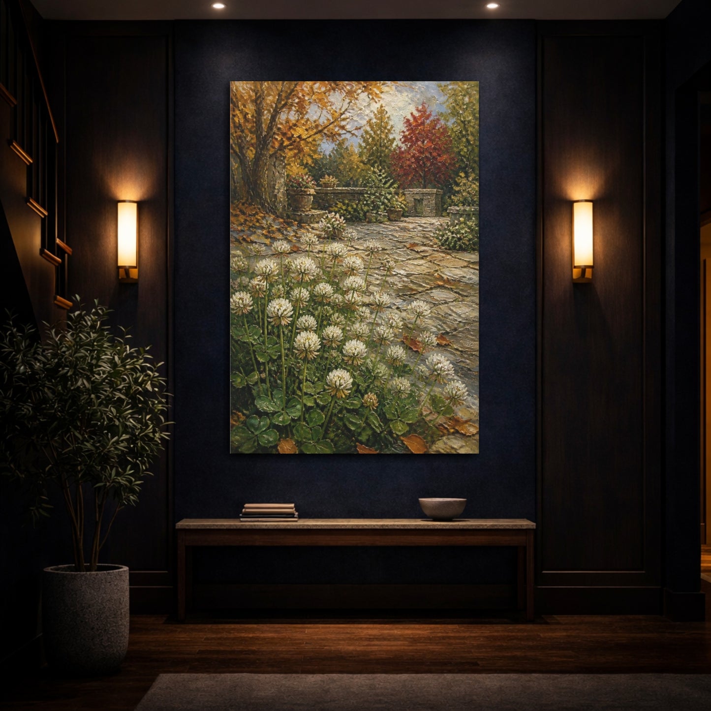 Mockup 4. Clover Flowers In Courtyard shown as canvas print
