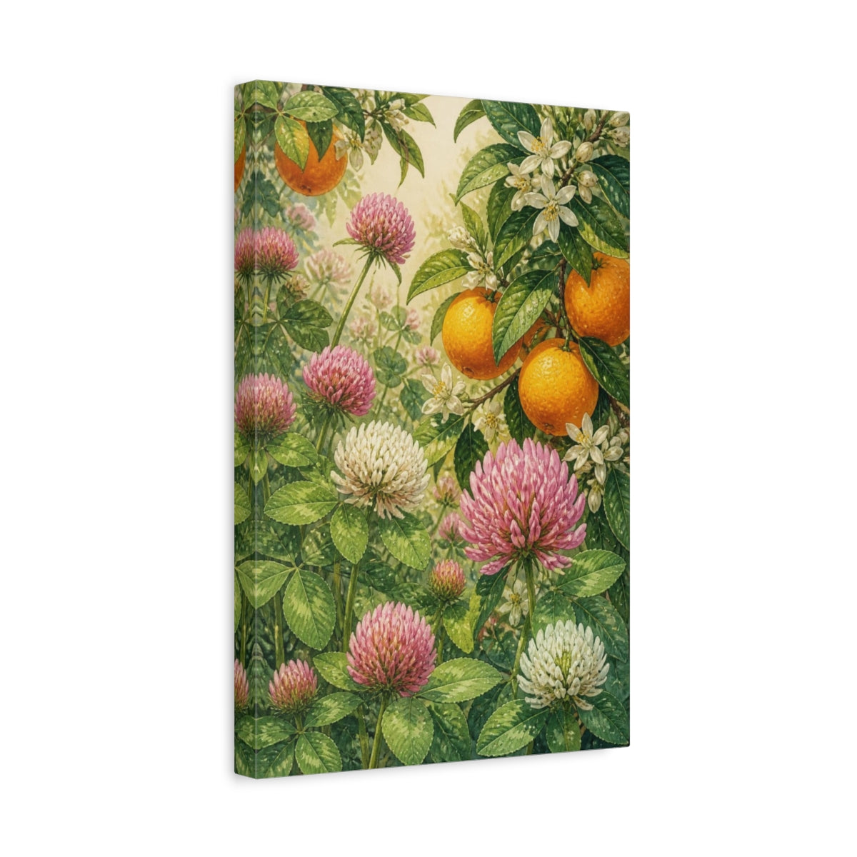 Side Mockup 4. Clover Flowers & Oranges shown as canvas print