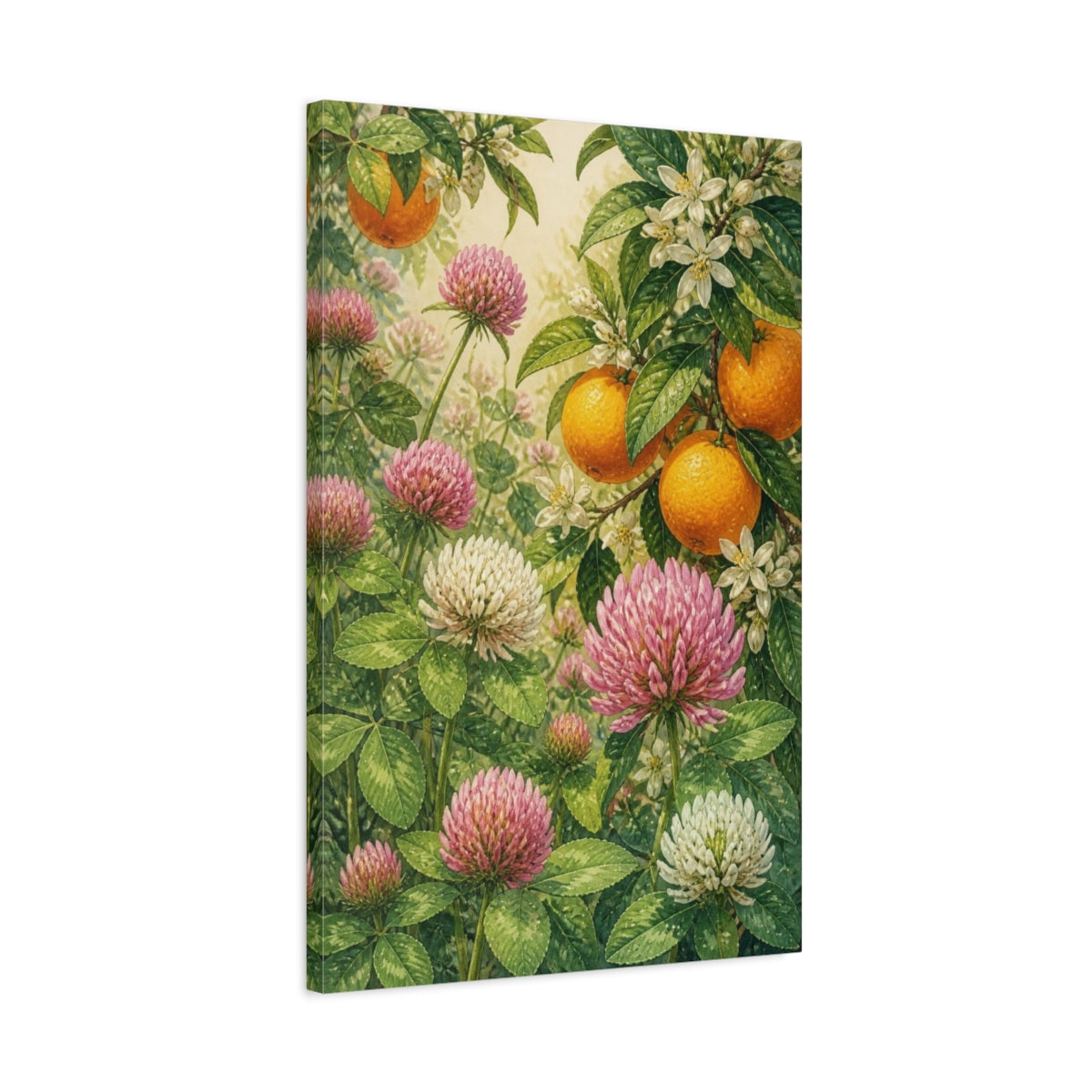 Side Mockup 2. Clover Flowers & Oranges shown as canvas print