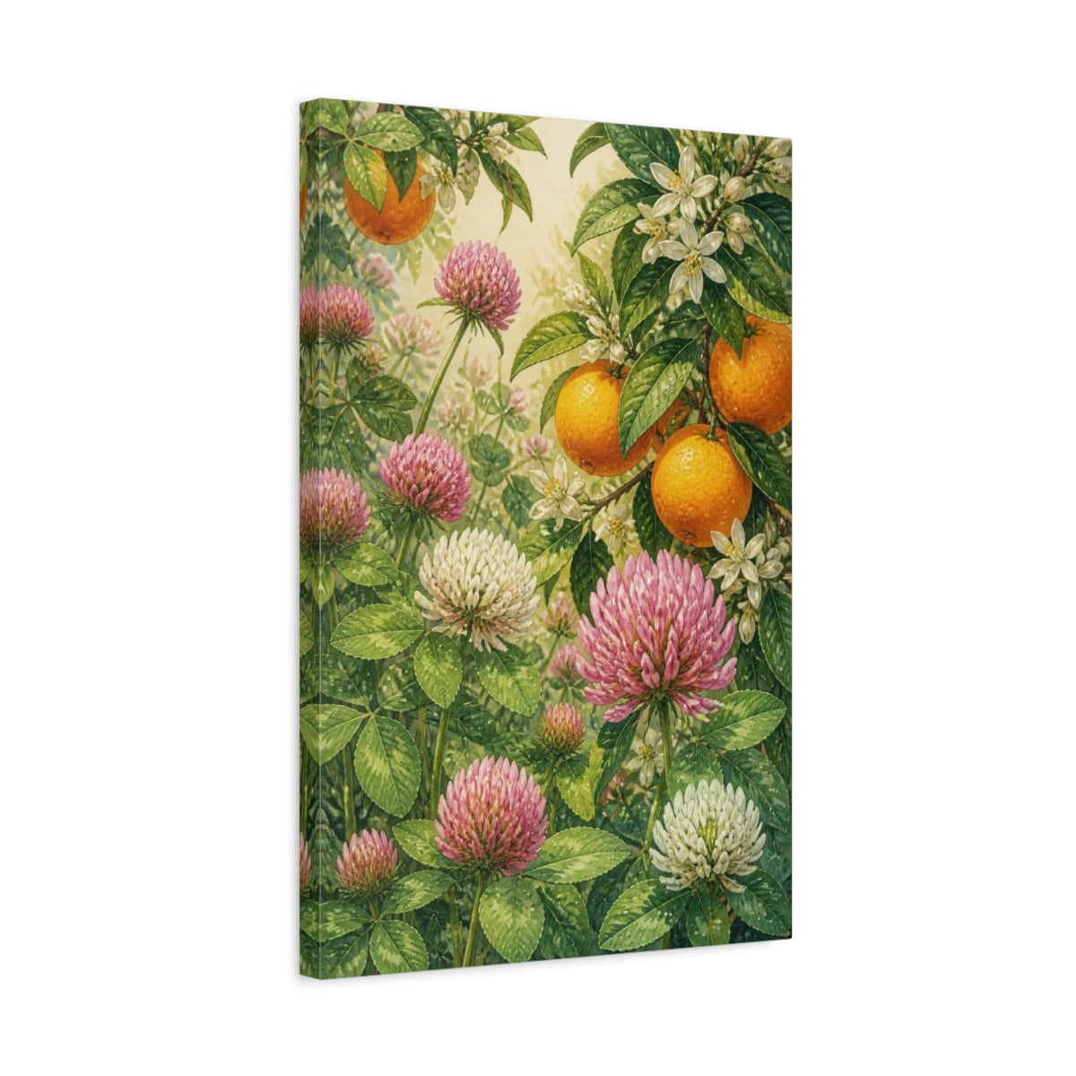 Side Mockup 3. Clover Flowers & Oranges shown as canvas print