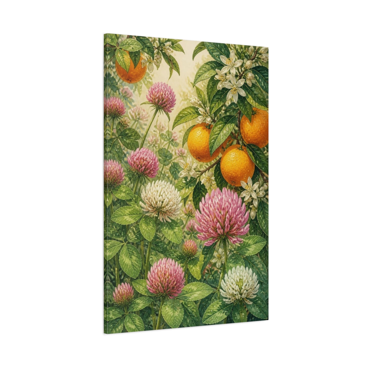 Side Mockup 1. Clover Flowers & Oranges shown as canvas print