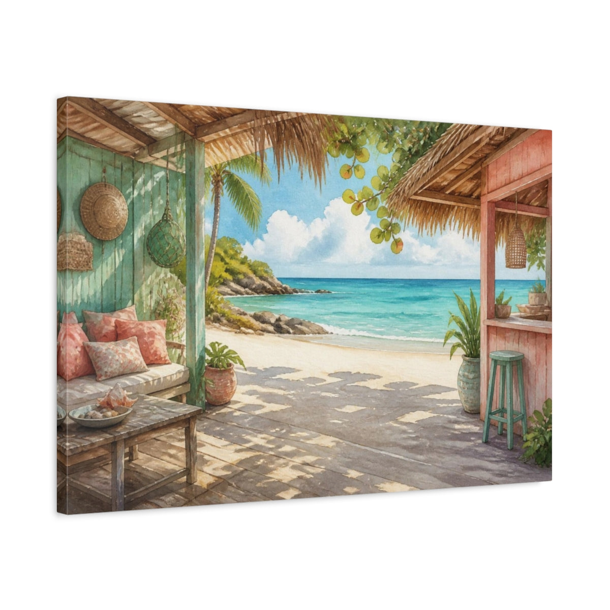 Side Mockup 2. Coastal Beach Hut View shown as canvas print